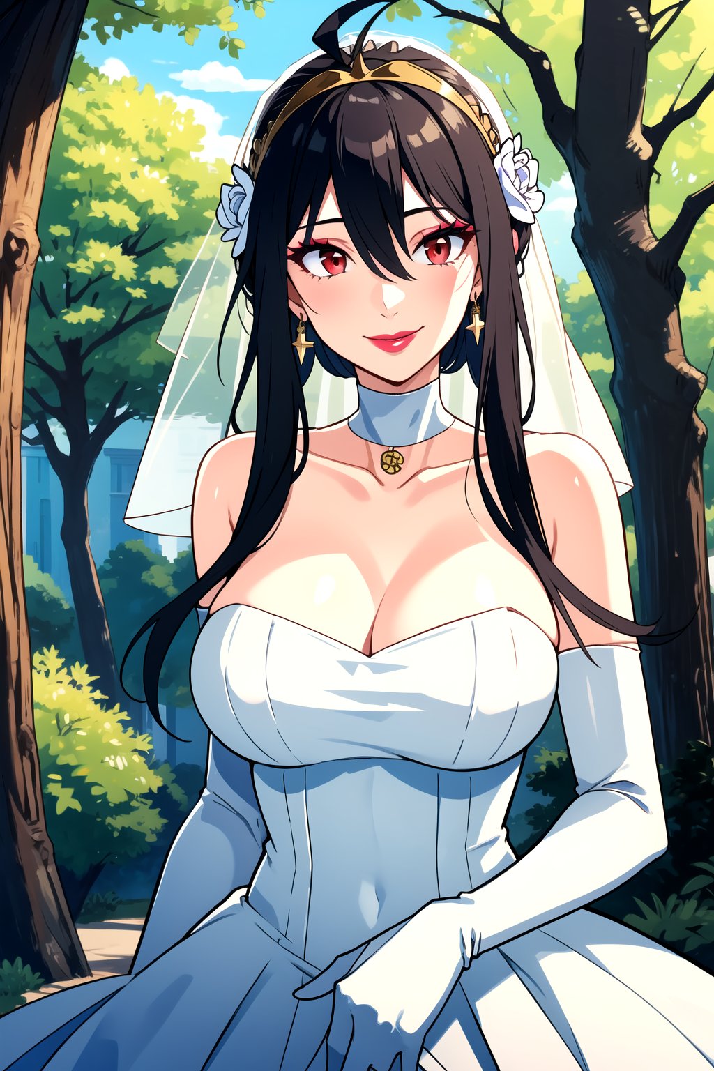 hair between eyes, ahoge, white_hair, star \(symbol\), hair ornament, dress, cleavage, bare shoulders, collarbone, long white elbow gloves, white gloves, white dress, white choker, strapless, tiara, veil, strapless dress, wedding dress, bridal veil, beautiful woman, perfect body, perfect breasts, wearing a wedding dress, ball gown,lipstick,makeup ,in the park trees, wedding decorations, a in love smile, realism, masterpiece, textured skin, super detail, high detail, high quality, best quality, 1080p, 16k,bbyorf, short hair with long locks, red eyes, gold earrings