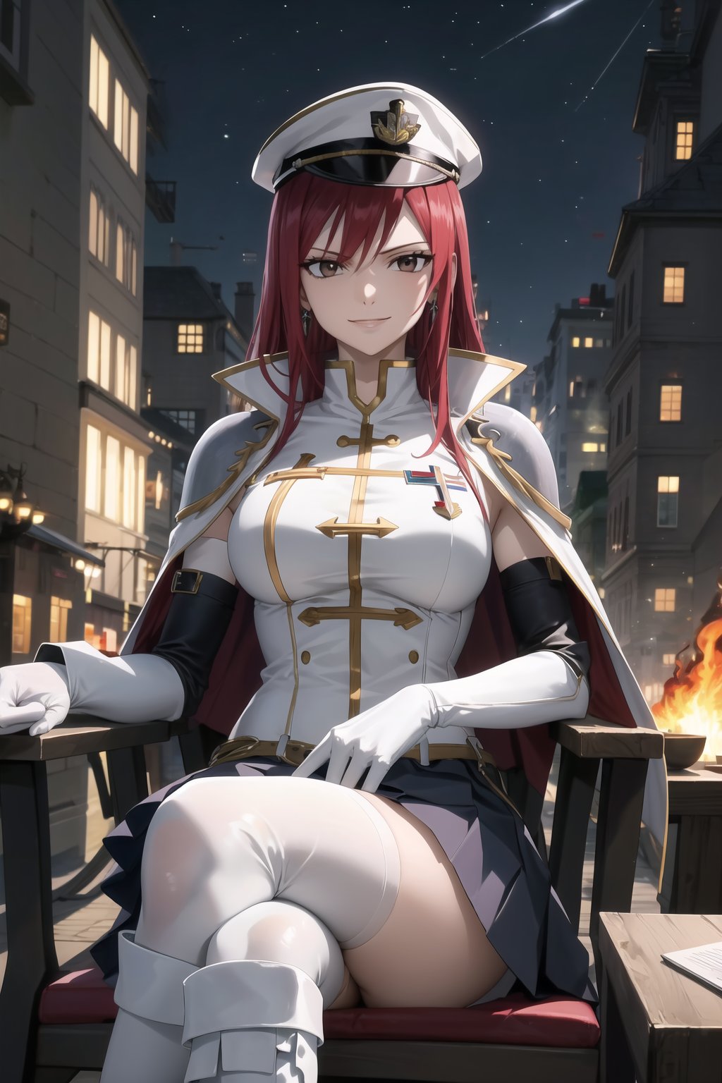 elbow gloves, white skirt, miniskirt, skirt, white_thighhigh_boots,military_uniform,military_hat,white_elbow_gloves,sleeveless ,no_sleeves,shoulder_cape,looking at viewer, city, night, sky, (intricately detailed, hyperdetailed), burning building background,depth of field, best quality, masterpiece, intricate details, tonemapping, sharp focus, hyper detailed, trending on Artstation,1 girl, high res, official art,evil smile,sitting_down,crossed_legs_(sitting),sitting_on_chair, jewelry,FAIRYTAIL_ERZA,red_hair,brown_eyes