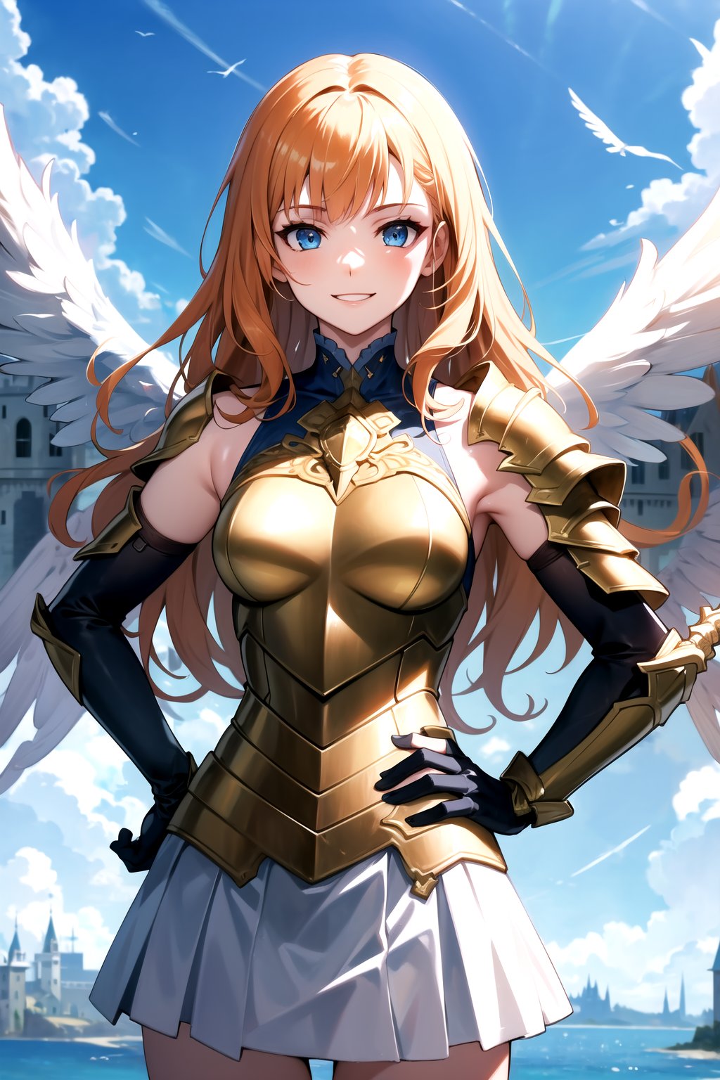 golden_armour,angel_wings,flying,holding_sword,shoulder_armour,Valkyare_armour,heroine,elbow gloves, white skirt,miniskirt, skirt,long white elbow gloves,sleeveless ,no_sleeves,looking at viewer, day sky, (intricately detailed, hyperdetailed), castle building background,depth of field, best quality, masterpiece, intricate details, tonemapping, sharp focus, hyper detailed, trending on Artstation,1 girl, high res, official art, smile,hands_on_hips,light_blue_eyes,warAnne, long hair, wavy hair,orange_hair