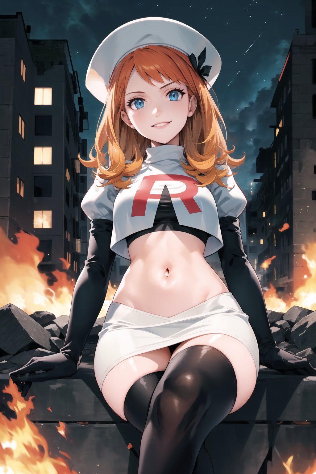 Team Rocket, cropped jacket, white jacket, crop top, jacket, gloves, black gloves, elbow gloves, navel, midriff, white skirt, miniskirt, skirt, black thighhighs,military_uniform,white_military_hat,looking at viewer, city, night, sky, (intricately detailed, hyperdetailed), burning building background,depth of field, best quality, masterpiece, intricate details, tonemapping, sharp focus, hyper detailed, trending on Artstation,1 girl, high res, official art,evil smile,crossed_legs_(sitting), annette_war,orange_hair,long_hair