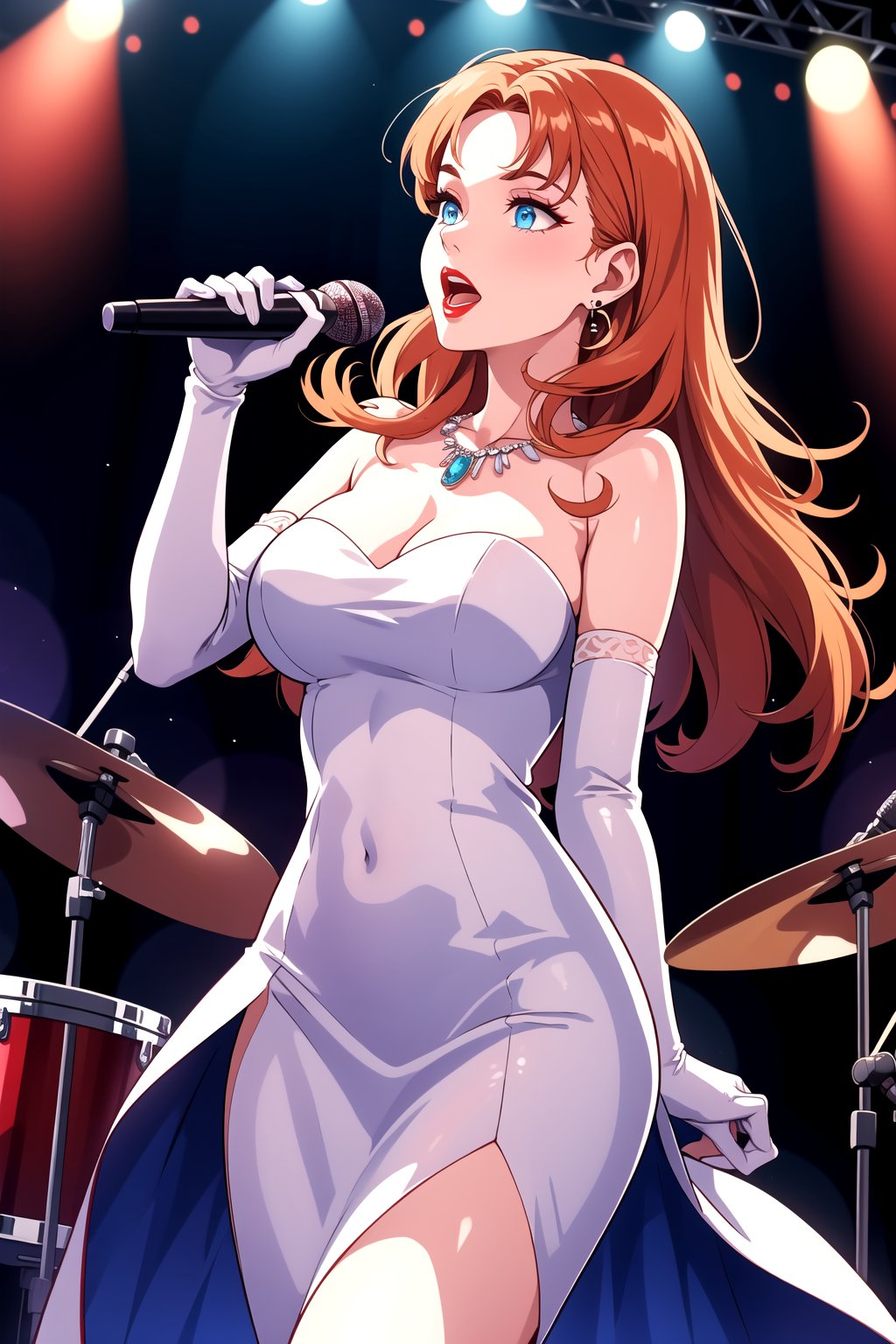 best quality,4k,8k,highres,masterpiece:1.2),ultra-detailed,(realistic,photorealistic,photo-realistic:1.37), vibrant colors, stage spotlight, vintage microphone, elegant hair, graceful pose, dynamic atmosphere, stylish interior, classic jazz era vibes, captivating performance, soulful expression, animated jazz band, rhythmic music, passionate singing, microphone stand, energetic crowd, glamorous ambiance, seamless visual composition, enchanting red lighting, annette_war, in a white dress, blue eyes, orange hair, long hair, long white elbow gloves, wearing red lipstick, wearing light purple eye shadow, wearing makeup,blue_earrings,necklace ,holding old 1920s microphone, jazz club background, singing,