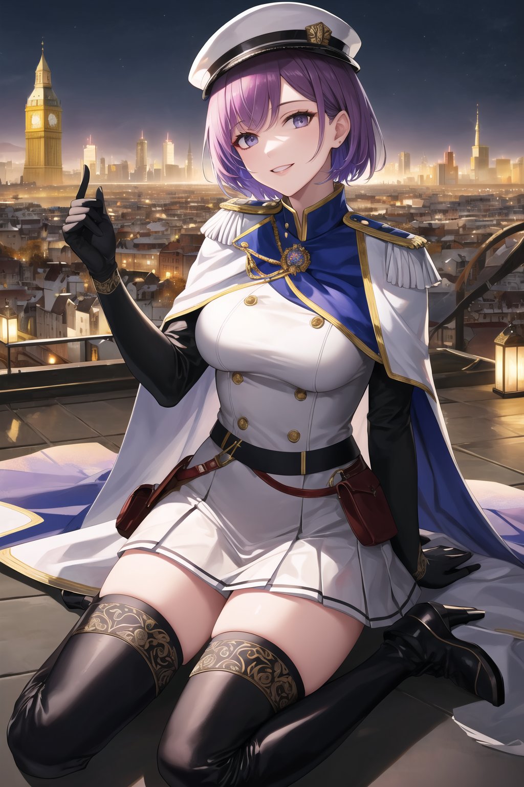 elbow gloves, white skirt, miniskirt, skirt, black thighhigh boots,white_gloves,white_military_uniform,white_military_hat,long white elbow gloves,sleeveless ,no_sleeves,shoulder_cape,looking at viewer, city, night, sky, (intricately detailed, hyperdetailed), frozen building background,depth of field, best quality, masterpiece, intricate details, tonemapping, sharp focus, hyper detailed, trending on Artstation,1 girl, high res, official art,evil smile,grey_eyes,purple-hair,short_hair,warBernie