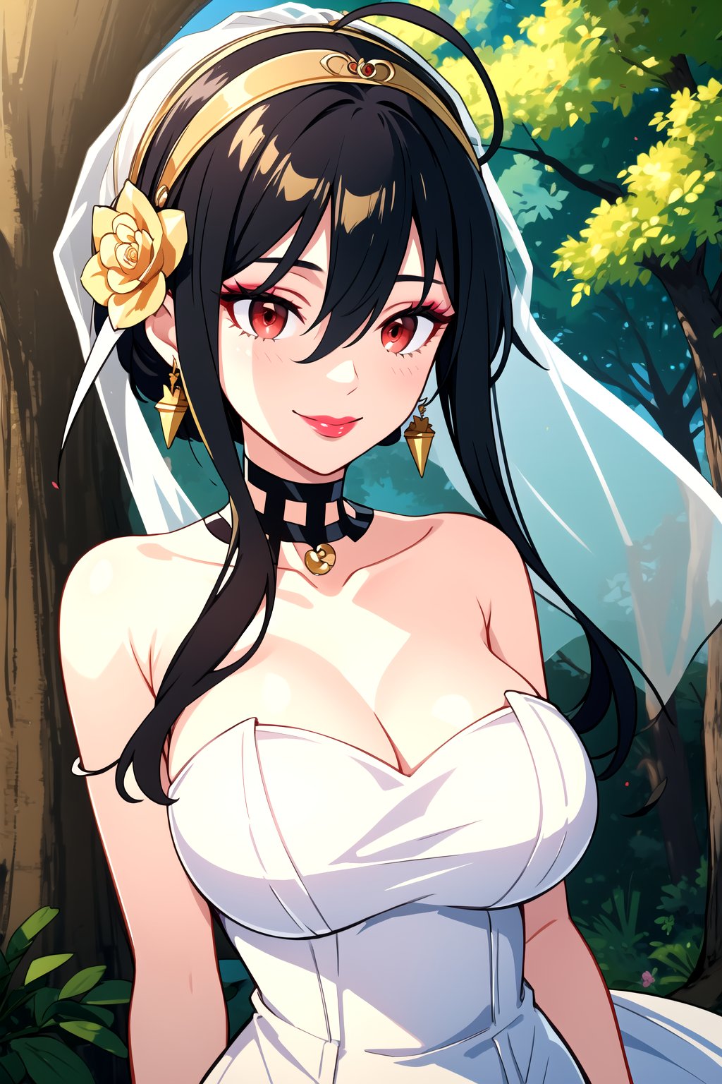 hair between eyes, ahoge, white_hair, star \(symbol\), hair ornament, dress, cleavage, bare shoulders, collarbone, long white elbow gloves, white gloves, white dress, white choker, strapless, tiara, veil, strapless dress, wedding dress, bridal veil, beautiful woman, perfect body, perfect breasts, wearing a wedding dress, ball gown,lipstick,makeup ,in the park trees, wedding decorations, a in love smile, realism, masterpiece, textured skin, super detail, high detail, high quality, best quality, 1080p, 16k,bbyorf, short hair with long locks, red eyes, gold earrings,black_hair