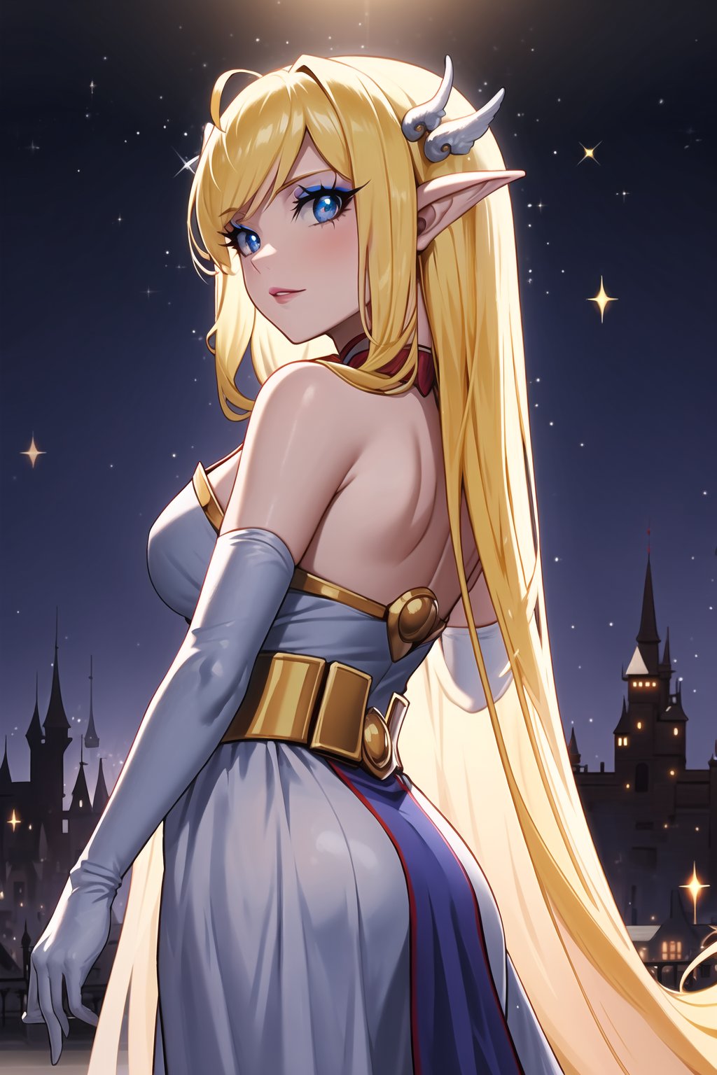 A stunning masterpiece of a scene set against the backdrop of a majestic Chinese-inspired castle at night. A lone figure, a blonde-haired beauty with pointed ears and striking light blue eyes, gazes directly at the viewer. She wears an intricately detailed long white dress and matching elbow gloves that sparkle like diamonds in the dimly lit atmosphere. Her hair flows down her back like a golden waterfall, and her makeup is expertly applied to accentuate her features. The sky above is a deep shade of indigo, with stars twinkling like diamonds scattered across the fabric of the universe. The depth of field is masterfully managed, with the subject sharply focused and the castle's turrets and towers fading into the background. This artwork exudes a sense of fantasy and wonder, as if plucked straight from the pages of a beloved fairy tale.