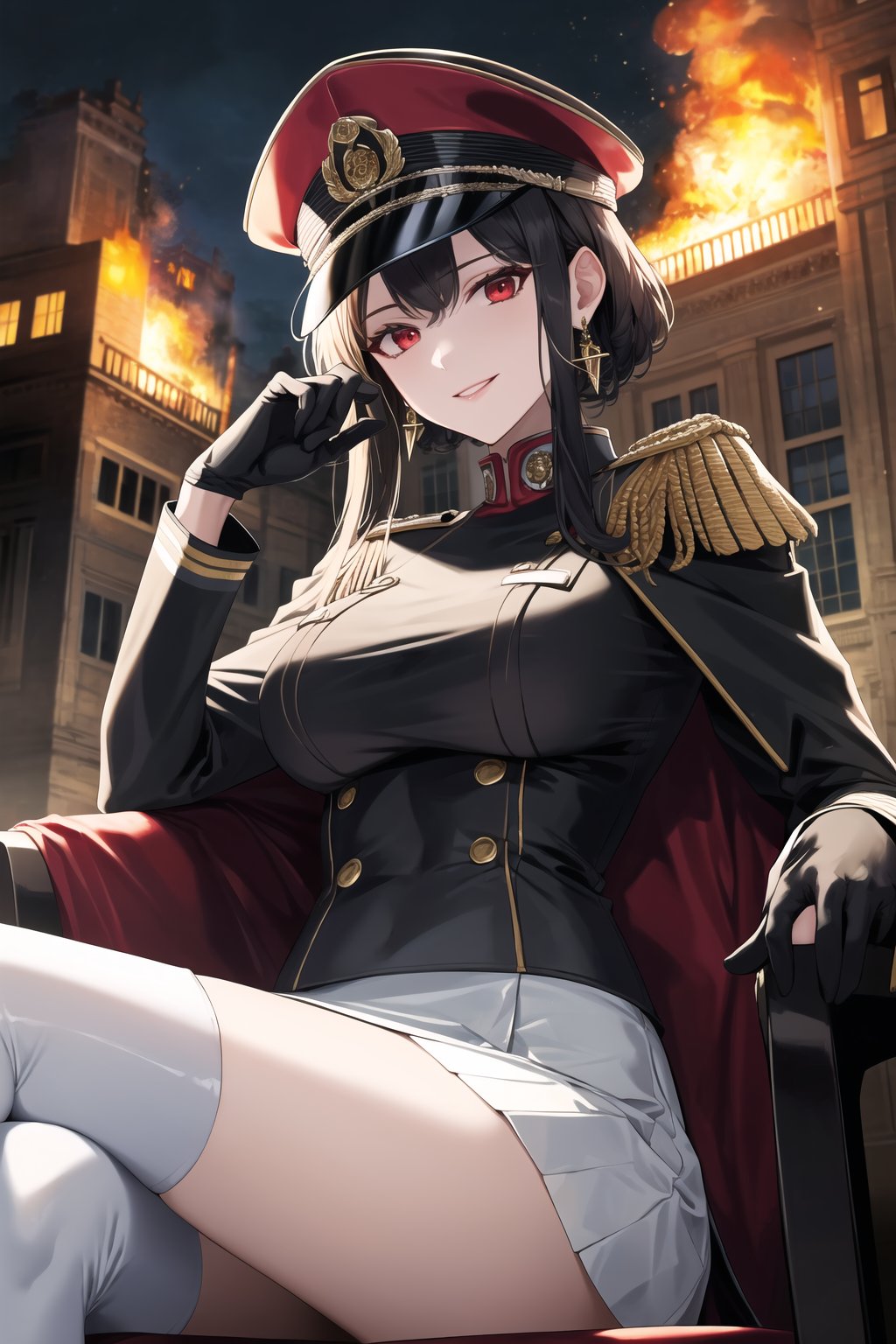 elbow gloves, white skirt, miniskirt, skirt, white_thighhigh_boots,military_uniform,military_hat,white_elbow_gloves,sleeveless ,no_sleeves,shoulder_cape,looking at viewer, city, night, sky, (intricately detailed, hyperdetailed), burning building background,depth of field, best quality, masterpiece, intricate details, tonemapping, sharp focus, hyper detailed, trending on Artstation,1 girl, high res, official art,evil smile,sitting_down,crossed_legs_(sitting),sitting_on_chair, jewelry,bbyorf, short hair with long locks, red eyes, gold earrings