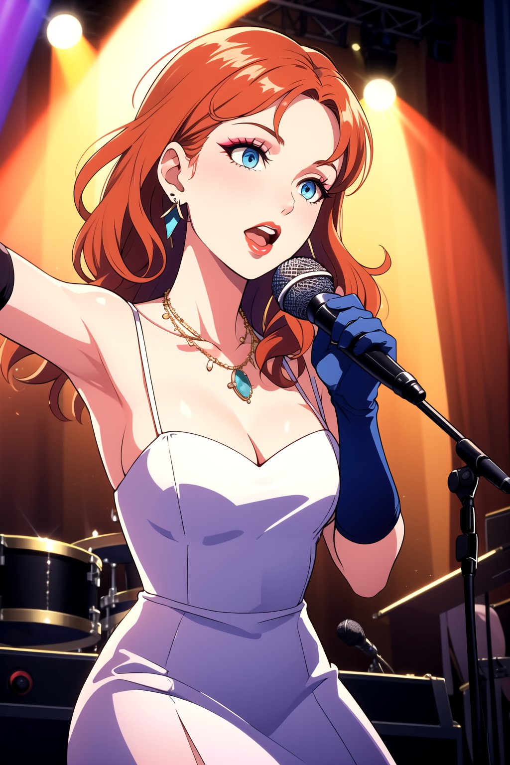 best quality,4k,8k,highres,masterpiece:1.2),ultra-detailed,(realistic,photorealistic,photo-realistic:1.37), vibrant colors, stage spotlight, vintage microphone, elegant hair, graceful pose, dynamic atmosphere, stylish interior, classic jazz era vibes, captivating performance, soulful expression, animated jazz band, rhythmic music, passionate singing, microphone stand, energetic crowd, glamorous ambiance, seamless visual composition, enchanting red lighting, annette_war, in a white dress, blue eyes, orange hair, long hair, long white elbow gloves, wearing red lipstick, wearing light purple eye shadow, wearing makeup,blue_earrings,necklace ,holding old 1920s microphone, jazz club background, singing,