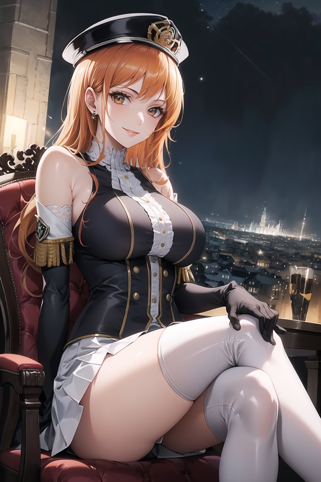 elbow gloves, white skirt, miniskirt, skirt, white_thighhigh_boots,military_uniform,military_hat,white_elbow_gloves,sleeveless ,no_sleeves,shoulder_cape,looking at viewer, city, night, sky, (intricately detailed, hyperdetailed), burning building background,depth of field, best quality, masterpiece, intricate details, tonemapping, sharp focus, hyper detailed, trending on Artstation,1 girl, high res, official art,evil smile,sitting_down,crossed_legs_(sitting),sitting_on_chair, jewelry,orange_hair,brown_eyes,long_hair, nami_(one_piece)