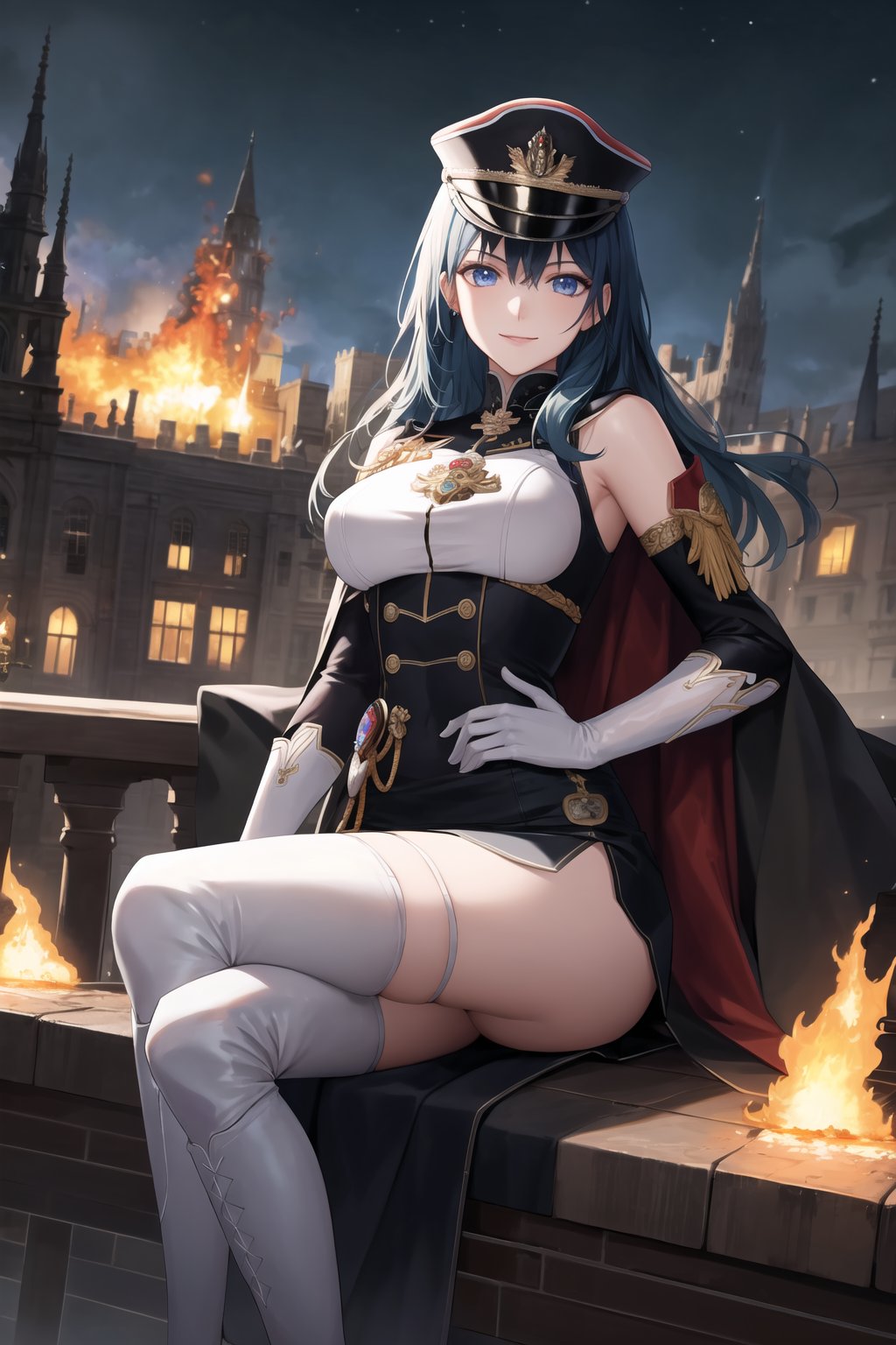 elbow gloves, white skirt, miniskirt, skirt, white_thighhigh_boots,military_uniform,military_hat,white_elbow_gloves,sleeveless ,no_sleeves,shoulder_cape,looking at viewer, city, night, sky, (intricately detailed, hyperdetailed), burning building background,depth of field, best quality, masterpiece, intricate details, tonemapping, sharp focus, hyper detailed, trending on Artstation,1 girl, high res, official art,evil smile,sitting_down,crossed_legs_(sitting),sitting_on_chair, jewelry,FEMBYLETH