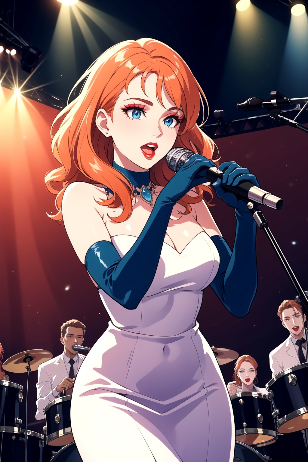 best quality,4k,8k,highres,masterpiece:1.2),ultra-detailed,(realistic,photorealistic,photo-realistic:1.37), vibrant colors, stage spotlight, vintage microphone, elegant hair, graceful pose, dynamic atmosphere, stylish interior, classic jazz era vibes, captivating performance, soulful expression, animated jazz band, rhythmic music, passionate singing, microphone stand, energetic crowd, glamorous ambiance, seamless visual composition, enchanting red lighting, annette_war, in a white dress, blue eyes, orange hair, long hair, long white elbow gloves, wearing red lipstick, wearing light purple eye shadow, wearing makeup, holding old 1920s microphone, jazz club background, singing