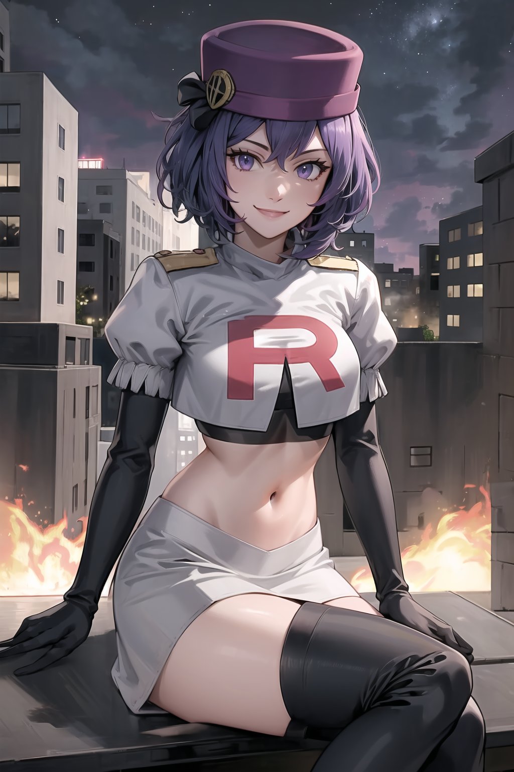 Team Rocket, cropped jacket, white jacket, crop top, jacket, gloves, black gloves, elbow gloves, navel, midriff, white skirt, miniskirt, skirt, black thighhigh boots ,military_uniform,white_military_hat,looking at viewer, city, night, sky, (intricately detailed, hyperdetailed), burning building background,depth of field, best quality, masterpiece, intricate details, tonemapping, sharp focus, hyper detailed, trending on Artstation,1 girl, high res, official art,evil smile,crossed_legs_(sitting),defBernie,purple_hair