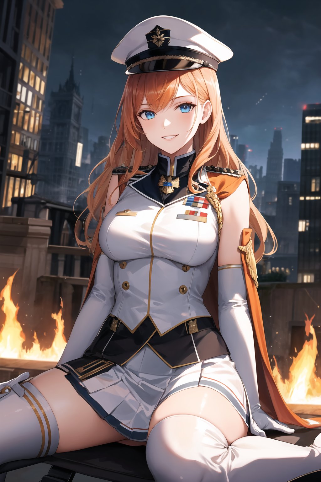 elbow gloves, white skirt, miniskirt, skirt, white_thighhigh_boots,military_uniform,military_hat,white_elbow_gloves,sleeveless ,no_sleeves,shoulder_cape,looking at viewer, city, night, sky, (intricately detailed, hyperdetailed), burning building background,depth of field, best quality, masterpiece, intricate details, tonemapping, sharp focus, hyper detailed, trending on Artstation,1 girl, high res, official art,evil smile,sitting_down,crossed_legs_(sitting),sitting_on_chair,light_blue_eyes,warAnne, long hair, wavy hair,orange_hair