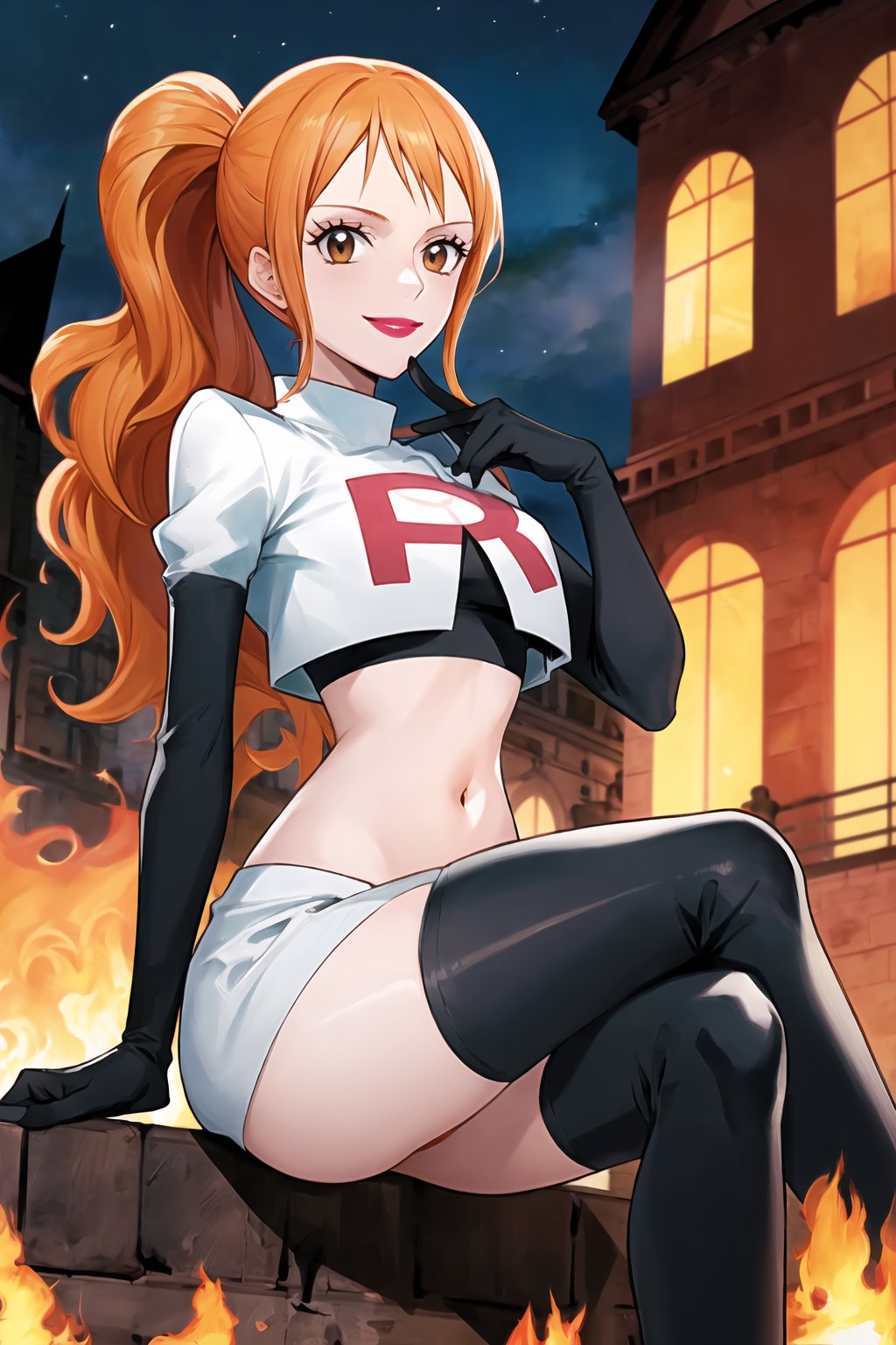 Team Rocket, cropped jacket, white jacket, crop top, jacket, gloves, black gloves, elbow gloves, navel, midriff, white skirt, miniskirt, skirt, black thighhigh boots,military_uniform,looking at viewer, city, night, sky, (intricately detailed, hyperdetailed), burning building background,depth of field, best quality, masterpiece, intricate details, tonemapping, sharp focus, hyper detailed, trending on Artstation,1 girl, high res, official art,evil smile,purple_eyeshadow,pink_lipstick,crossed_legs_(sitting),namipostn,orange_hair,brown_eyes,long_hair, nami_(one_piece),nami \(one piece\)