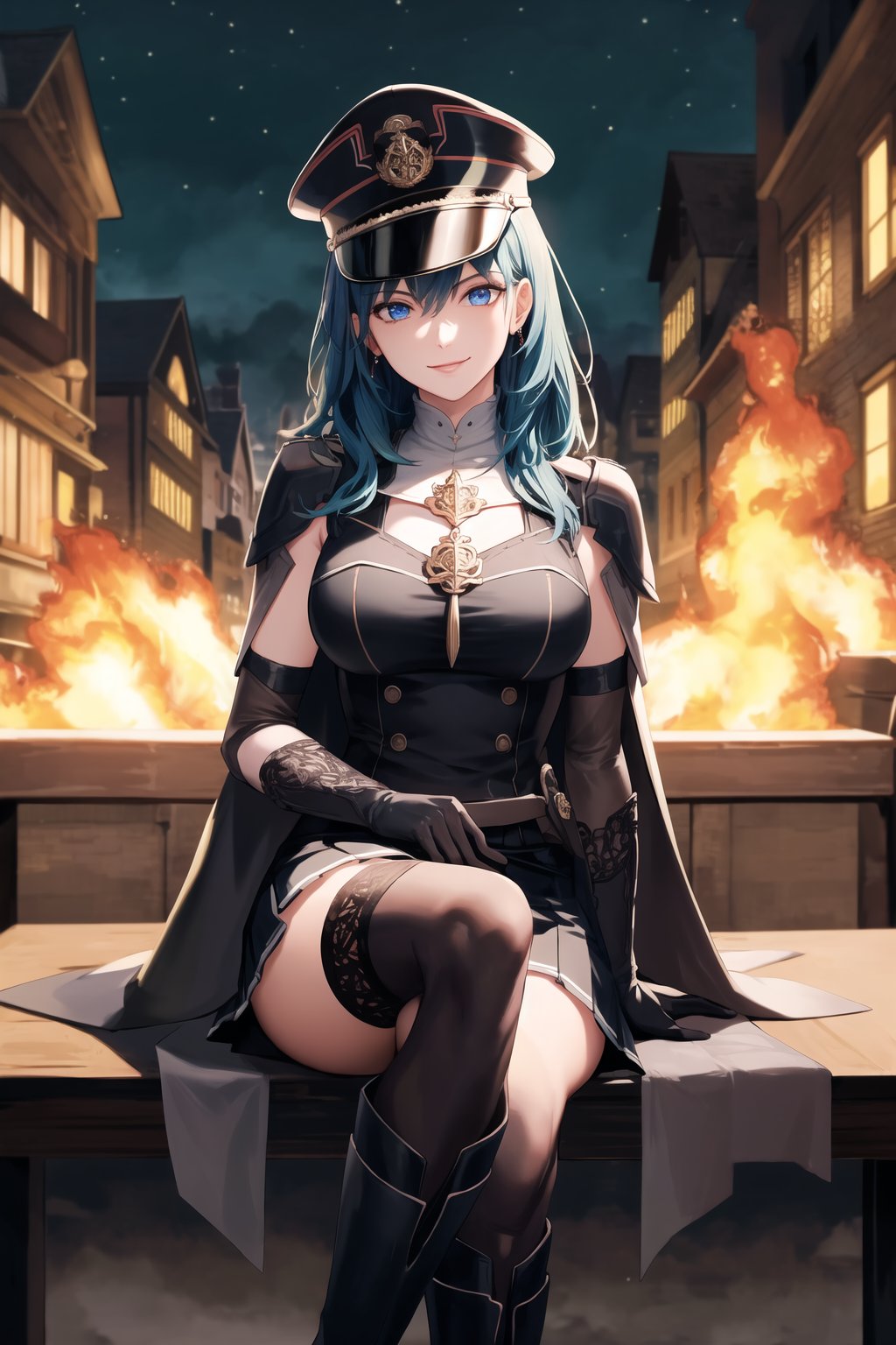 elbow gloves, white skirt, miniskirt, skirt, white_thighhigh_boots,military_uniform,military_hat,white_elbow_gloves,sleeveless ,no_sleeves,shoulder_cape,looking at viewer, city, night, sky, (intricately detailed, hyperdetailed), burning building background,depth of field, best quality, masterpiece, intricate details, tonemapping, sharp focus, hyper detailed, trending on Artstation,1 girl, high res, official art,evil smile,sitting_down,crossed_legs_(sitting),sitting_on_chair, jewelry,FEMBYLETH