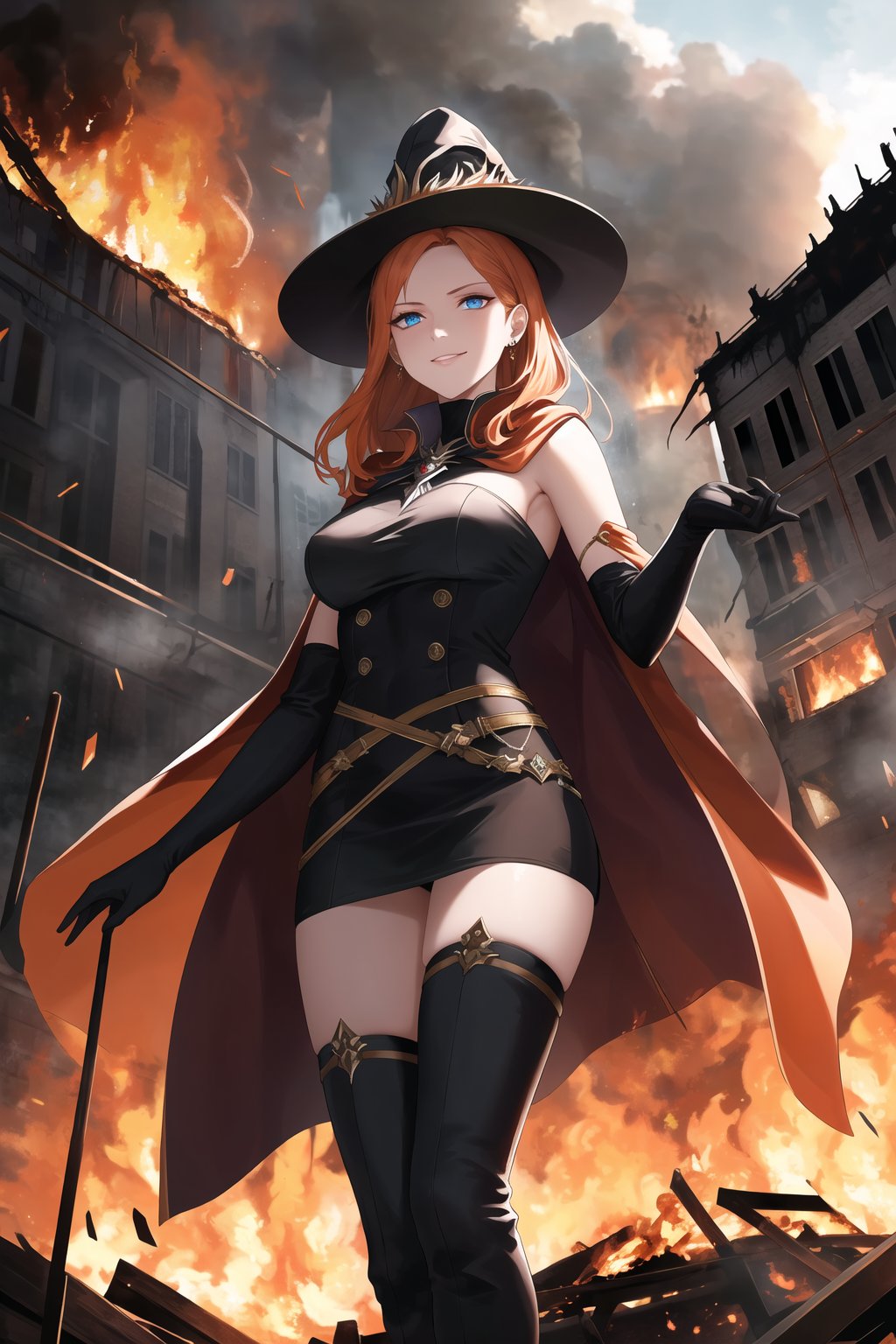 In the midst of a cityscape at night, a lone figure stands out against a backdrop of flames engulfing a burning building. The subject, an evil sorceress, dons white military attire, complete with a hat and long white elbow gloves, her orange hair ablaze like the inferno behind her. Her blue eyes gleam with malevolence as she gazes directly at the viewer, her sleeveless shoulders capped by a flowing cape. She wears a miniskirt over black thigh-high boots, an incongruous juxtaposition of innocence and menace. The scene is bathed in a warm, orange-hued light, with intricate details like smoke billowing from the burning building and subtle texture on the sorceress's gloves. The focus is sharp, with a shallow depth of field drawing attention to the subject's evil smile and piercing eyes. This hyper-detailed masterpiece would surely be trending on Artstation, with its high resolution and official art quality making it a standout piece.