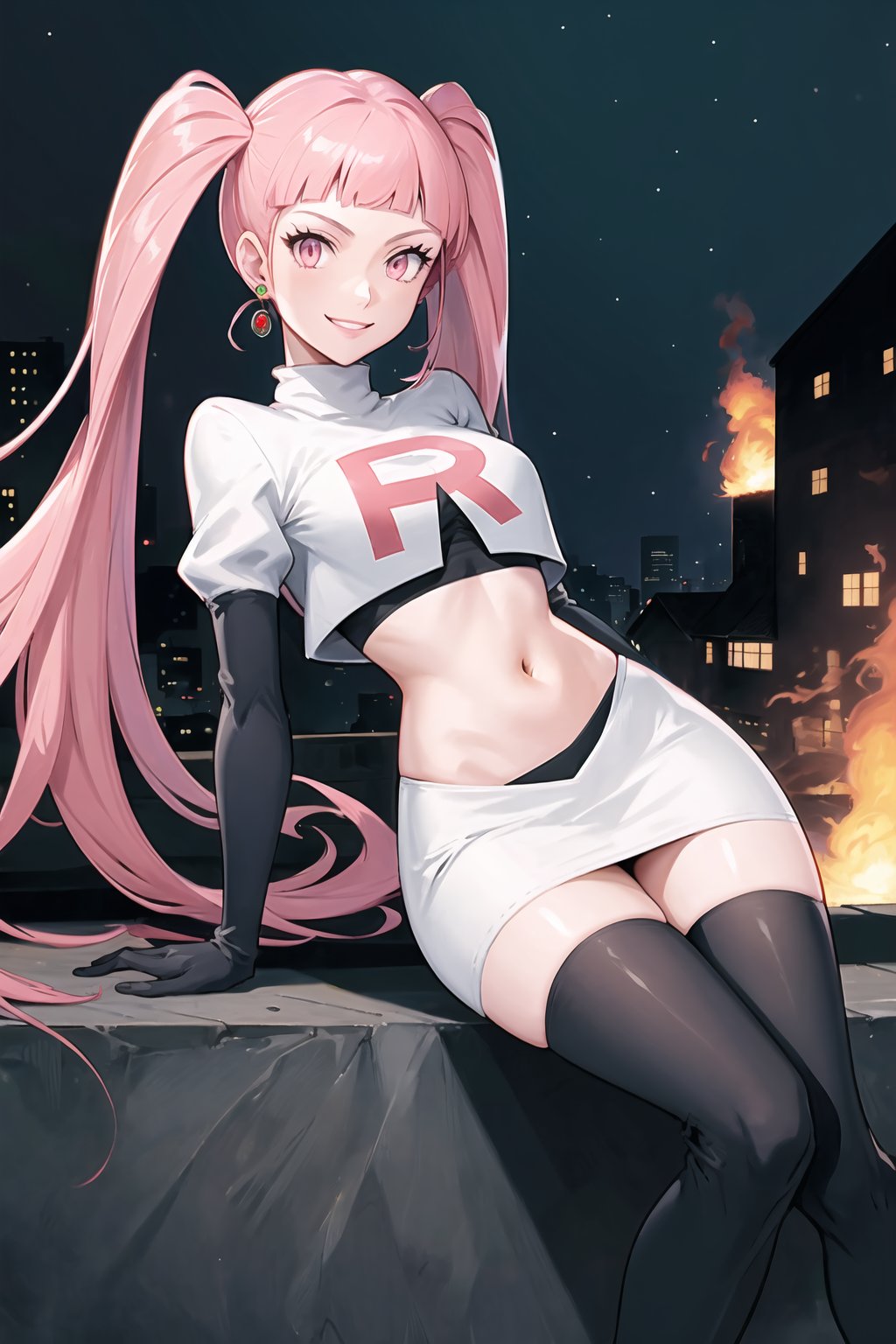 Team Rocket, cropped jacket, white jacket, crop top, jacket, gloves, black gloves, elbow gloves, navel, midriff, white skirt, miniskirt, skirt, black thighhigh boots,military_uniform,white_military_hat,looking at viewer, city, night, sky, (intricately detailed, hyperdetailed), burning building background,depth of field, best quality, masterpiece, intricate details, tonemapping, sharp focus, hyper detailed, trending on Artstation,1 girl, high res, official art,evil smile,crossed_legs_(sitting),hilda_valentine_goneril, pink hair, long hair, pink eyes, twintails, jewelry 