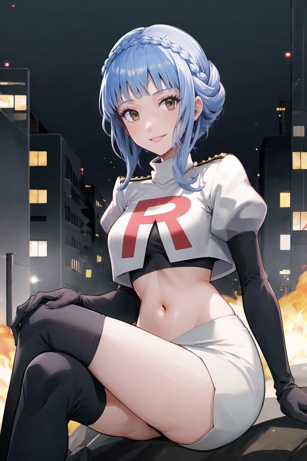 Team Rocket, cropped jacket, white jacket, crop top, jacket, gloves, black gloves, elbow gloves, navel, midriff, white skirt, miniskirt, skirt, black thighhigh boots,military_uniform,looking at viewer, city, night, sky, (intricately detailed, hyperdetailed), burning building background,depth of field, best quality, masterpiece, intricate details, tonemapping, sharp focus, hyper detailed, trending on Artstation,1 girl, high res, official art,evil smile,crossed_legs_(sitting),marianneuniform, crown braid,blue_hair,brown_eyes