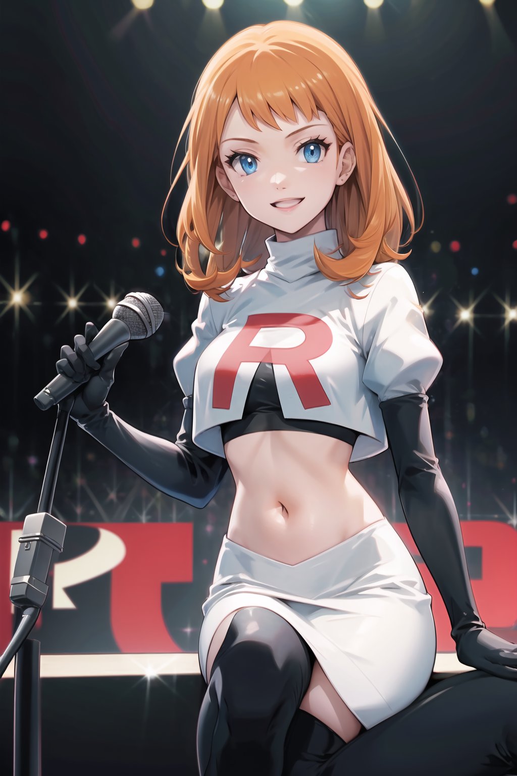 Team Rocket, cropped jacket, white jacket, crop top, jacket, gloves, black gloves, elbow gloves, navel, midriff, white skirt, miniskirt, skirt, black thighhigh boots,looking at viewer, (intricately detailed, hyperdetailed),holding_microphone,singing,on_stage ,concert background,depth of field, best quality, masterpiece, intricate details, tonemapping, sharp focus, hyper detailed, trending on Artstation,1 girl, high res, official art,evil smile,crossed_legs_(sitting), annette_war,orange_hair,long_hair