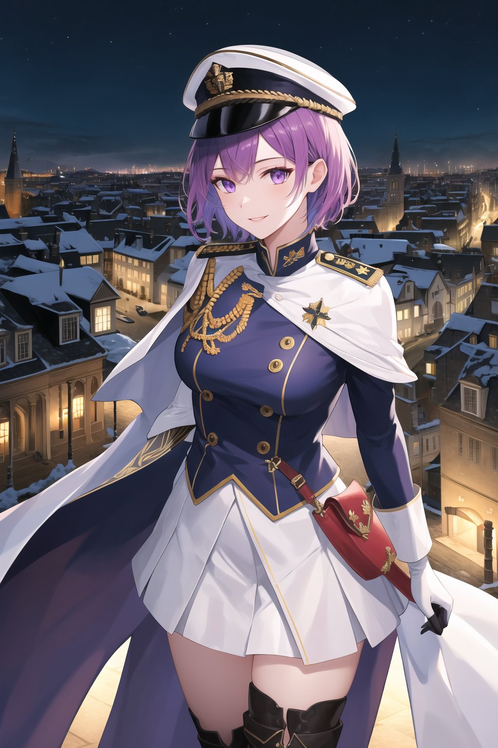 elbow gloves, white skirt, miniskirt, skirt, black thighhigh boots,white_gloves,white_military_uniform,white_military_hat,long white elbow gloves,sleeveless ,no_sleeves,shoulder_cape,looking at viewer, city, night, sky, (intricately detailed, hyperdetailed), frozen building background,depth of field, best quality, masterpiece, intricate details, tonemapping, sharp focus, hyper detailed, trending on Artstation,1 girl, high res, official art,evil smile,purple_eyes,purple-hair,defBernie,short_hair