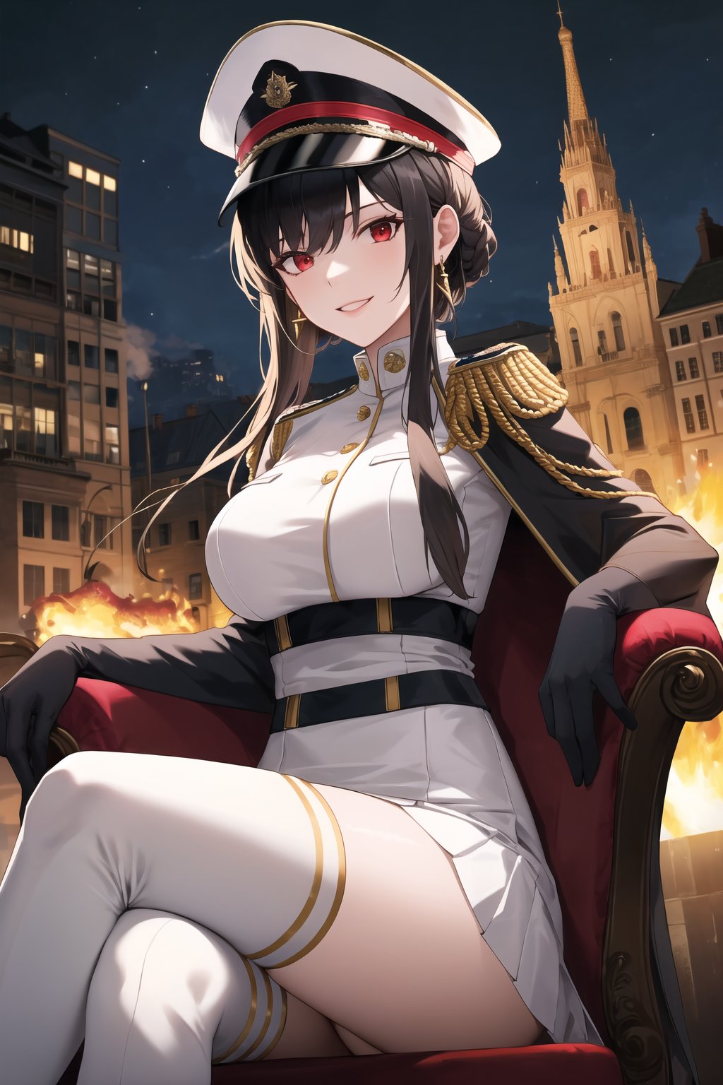 elbow gloves, white skirt, miniskirt, skirt, white_thighhigh_boots,military_uniform,military_hat,white_elbow_gloves,sleeveless ,no_sleeves,shoulder_cape,looking at viewer, city, night, sky, (intricately detailed, hyperdetailed), burning building background,depth of field, best quality, masterpiece, intricate details, tonemapping, sharp focus, hyper detailed, trending on Artstation,1 girl, high res, official art,evil smile,sitting_down,crossed_legs_(sitting),sitting_on_chair, jewelry,bbyorf, short hair with long locks, red eyes, gold earrings