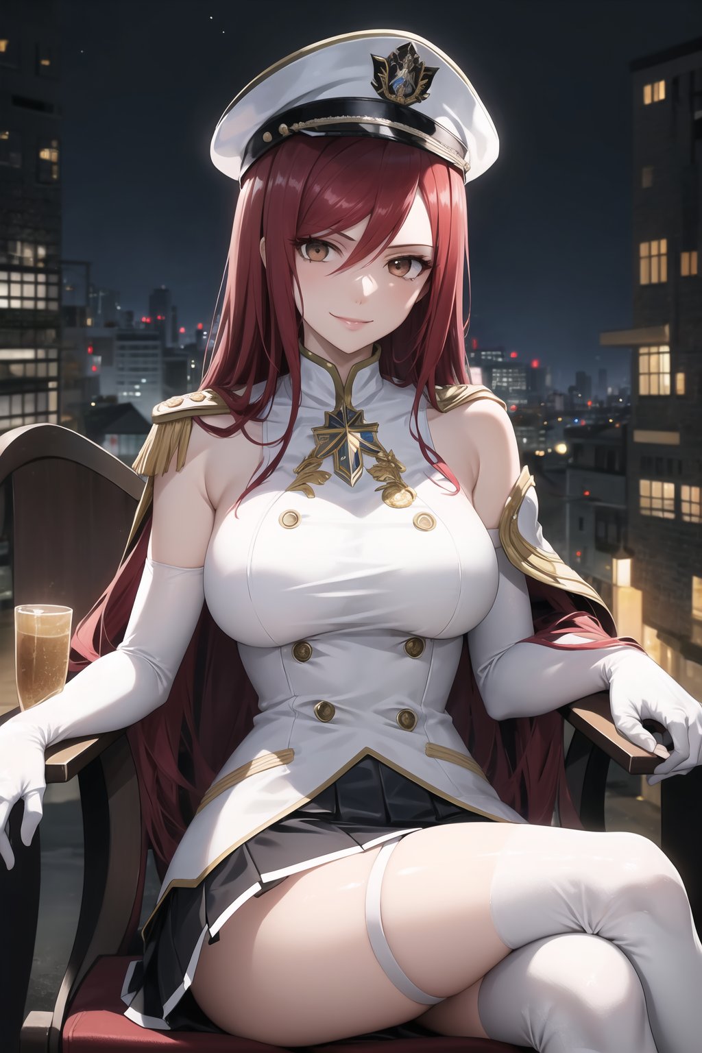 elbow gloves, white skirt, miniskirt, skirt, white_thighhigh_boots,military_uniform,military_hat,white_elbow_gloves,sleeveless ,no_sleeves,shoulder_cape,looking at viewer, city, night, sky, (intricately detailed, hyperdetailed), burning building background,depth of field, best quality, masterpiece, intricate details, tonemapping, sharp focus, hyper detailed, trending on Artstation,1 girl, high res, official art,evil smile,sitting_down,crossed_legs_(sitting),sitting_on_chair, jewelry,FAIRYTAIL_ERZA,red_hair,brown_eyes