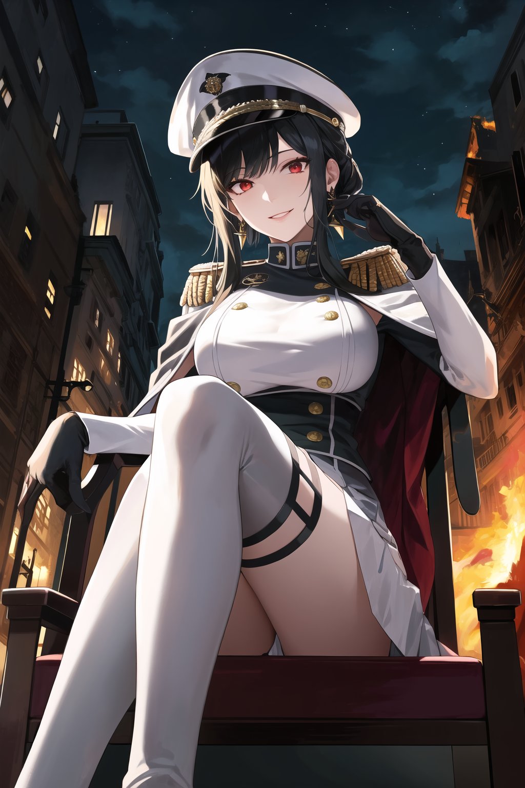 elbow gloves, white skirt, miniskirt, skirt, white_thighhigh_boots,military_uniform,military_hat,white_elbow_gloves,sleeveless ,no_sleeves,shoulder_cape,looking at viewer, city, night, sky, (intricately detailed, hyperdetailed), burning building background,depth of field, best quality, masterpiece, intricate details, tonemapping, sharp focus, hyper detailed, trending on Artstation,1 girl, high res, official art,evil smile,sitting_down,crossed_legs_(sitting),sitting_on_chair, jewelry,bbyorf, short hair with long locks, red eyes, gold earrings