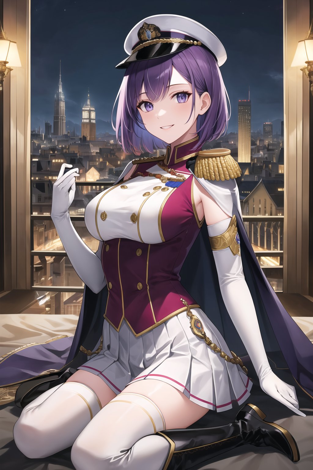 elbow gloves, white skirt, miniskirt, skirt, black thighhigh boots,white_gloves,white_military_uniform,white_military_hat,long white elbow gloves,sleeveless ,no_sleeves,shoulder_cape,looking at viewer, city, night, sky, (intricately detailed, hyperdetailed), frozen building background,depth of field, best quality, masterpiece, intricate details, tonemapping, sharp focus, hyper detailed, trending on Artstation,1 girl, high res, official art,evil smile,grey_eyes,purple-hair,short_hair,warBernie