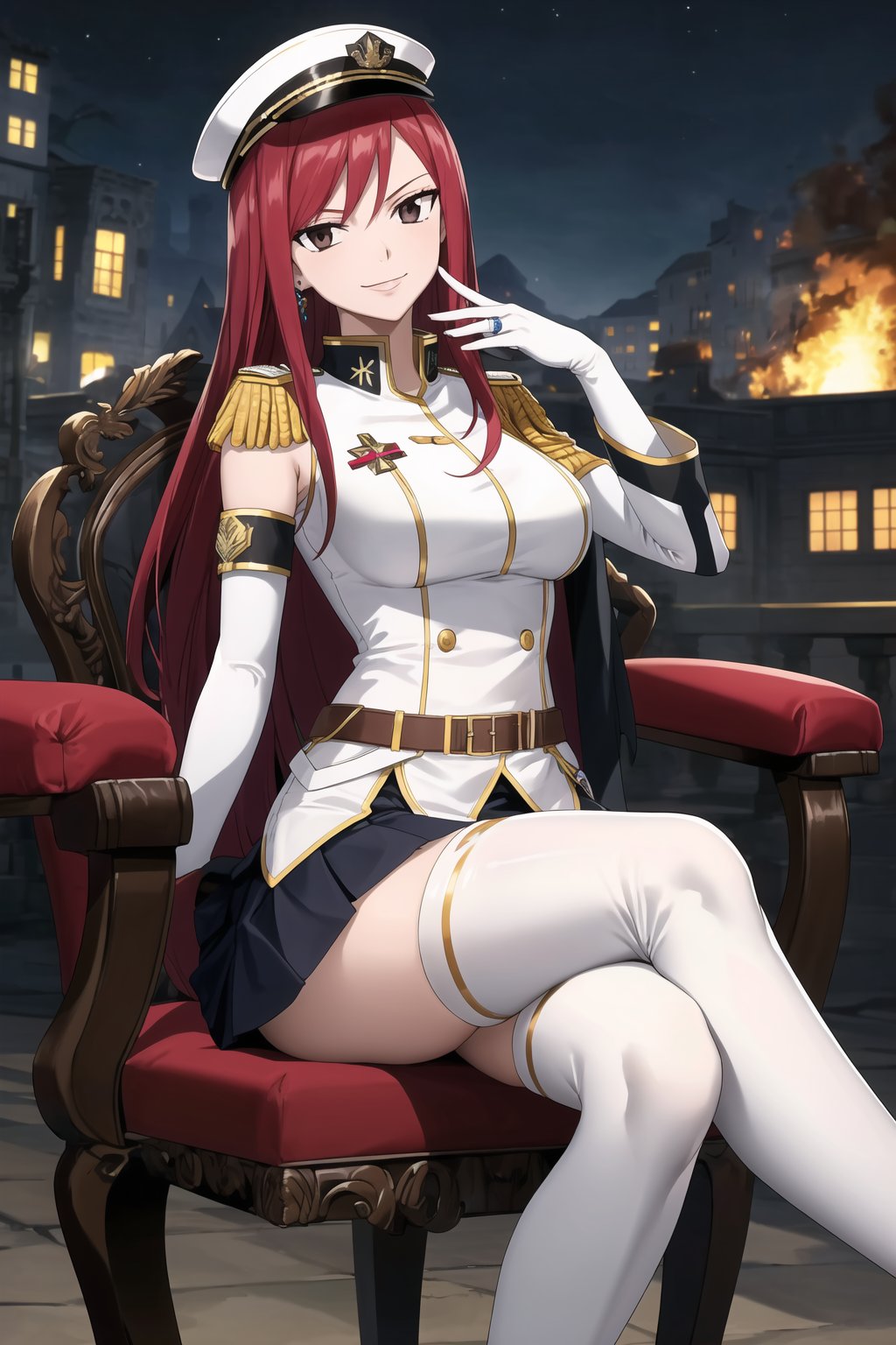 elbow gloves, white skirt, miniskirt, skirt, white_thighhigh_boots,military_uniform,military_hat,white_elbow_gloves,sleeveless ,no_sleeves,shoulder_cape,looking at viewer, city, night, sky, (intricately detailed, hyperdetailed), burning building background,depth of field, best quality, masterpiece, intricate details, tonemapping, sharp focus, hyper detailed, trending on Artstation,1 girl, high res, official art,evil smile,sitting_down,crossed_legs_(sitting),sitting_on_chair, jewelry,FAIRYTAIL_ERZA,red_hair,brown_eyes