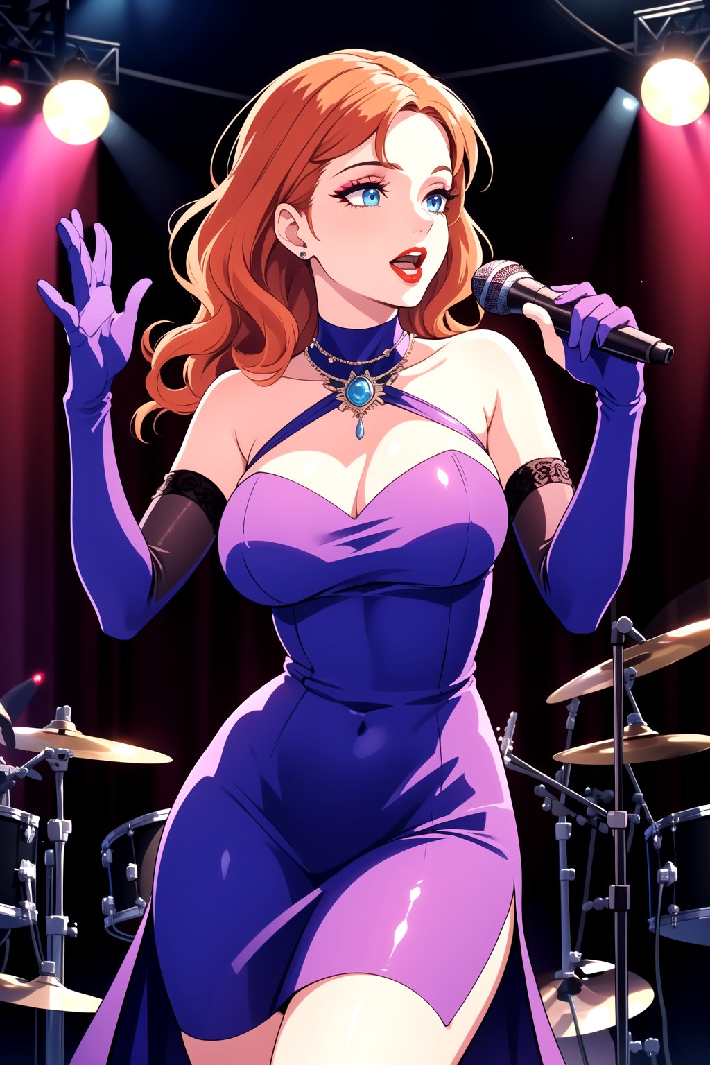 best quality,4k,8k,highres,masterpiece:1.2),ultra-detailed,(realistic,photorealistic,photo-realistic:1.37), vibrant colors, stage spotlight, vintage microphone, elegant hair, graceful pose, dynamic atmosphere, stylish interior, classic jazz era vibes, captivating performance, soulful expression, animated jazz band, rhythmic music, passionate singing, microphone stand, energetic crowd, glamorous ambiance, seamless visual composition, enchanting red lighting, annette_war, in a purple dress, blue eyes, orange hair, long hair, long white elbow gloves, wearing red lipstick, wearing light purple eye shadow, wearing makeup, holding old 1920s microphone, jazz club background, singing