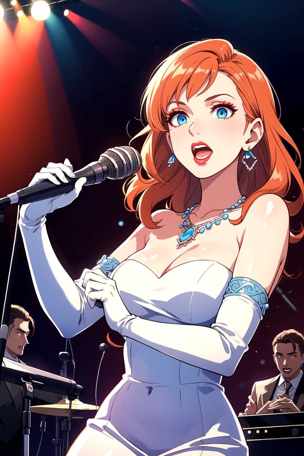 best quality,4k,8k,highres,masterpiece:1.2),ultra-detailed,(realistic,photorealistic,photo-realistic:1.37), vibrant colors, stage spotlight, vintage microphone, elegant hair, graceful pose, dynamic atmosphere, stylish interior, classic jazz era vibes, captivating performance, soulful expression, animated jazz band, rhythmic music, passionate singing, microphone stand, energetic crowd, glamorous ambiance, seamless visual composition, enchanting red lighting, annette_war, in a white dress, blue eyes, orange hair, long hair, long white elbow gloves, wearing red lipstick, wearing light purple eye shadow, wearing makeup,blue_earrings,necklace ,holding old 1920s microphone, jazz club background, singing,