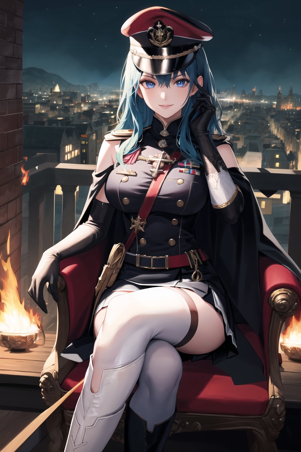 elbow gloves, white skirt, miniskirt, skirt, white_thighhigh_boots,military_uniform,military_hat,white_elbow_gloves,sleeveless ,no_sleeves,shoulder_cape,looking at viewer, city, night, sky, (intricately detailed, hyperdetailed), burning building background,depth of field, best quality, masterpiece, intricate details, tonemapping, sharp focus, hyper detailed, trending on Artstation,1 girl, high res, official art,evil smile,sitting_down,crossed_legs_(sitting),sitting_on_chair, jewelry,FEMBYLETH