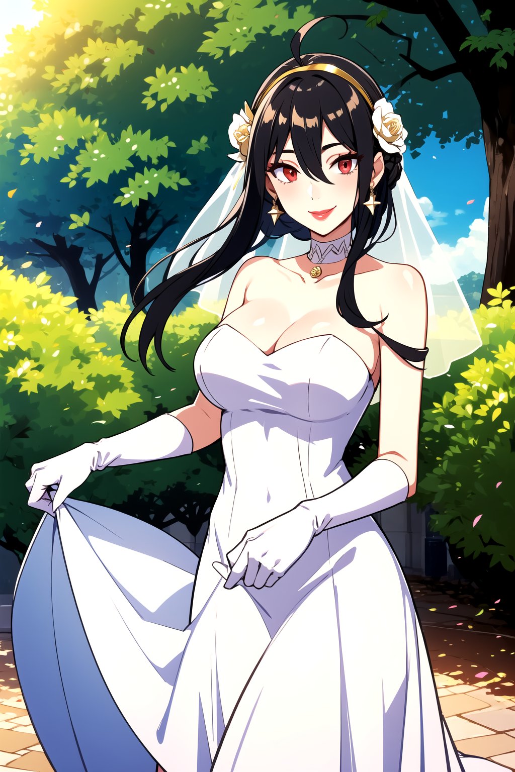 hair between eyes, ahoge, white_hair, star \(symbol\), hair ornament, dress, cleavage, bare shoulders, collarbone, long white elbow gloves, white gloves, white dress, white choker, strapless, tiara, veil, strapless dress, wedding dress, bridal veil, beautiful woman, perfect body, perfect breasts, wearing a wedding dress, ball gown,lipstick,makeup ,in the park trees, wedding decorations, a in love smile, realism, masterpiece, textured skin, super detail, high detail, high quality, best quality, 1080p, 16k,bbyorf, short hair with long locks, red eyes, gold earrings,black_hair