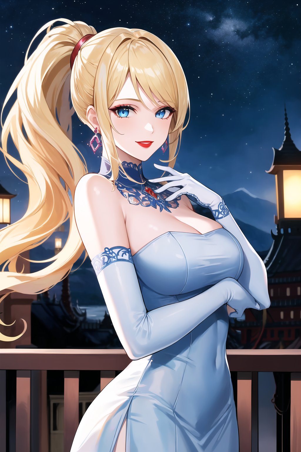 elbow gloves,white_gloves ,blue_dress,long_dress,strapless_dress,long white satin elbow gloves,looking at viewer,  asiática, night, sky, (intricately detailed, hyperdetailed), castle background,depth of field, best quality, masterpiece, intricate details, tonemapping, sharp focus, hyper detailed, trending on Artstation,1 girl, high res, official art,smile, jewelry, long hair, blonde hair, makeup,light_blue_eyes,samus aran,ponytail, hair tie,red_lipstick,purple_eyeshadow