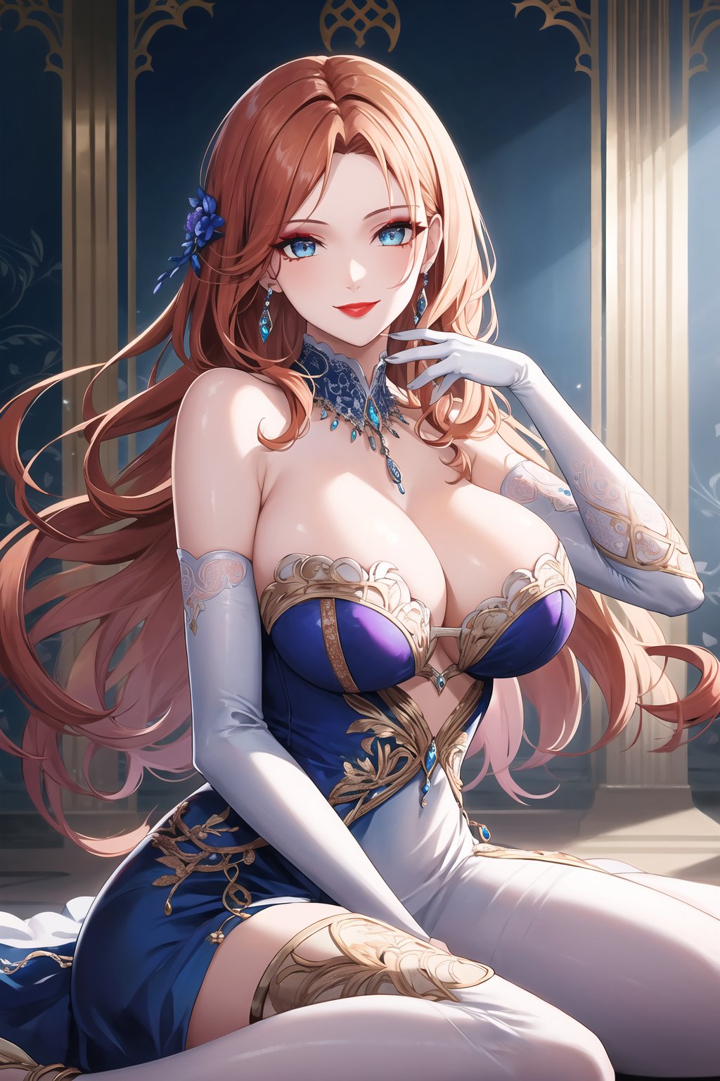 elbow gloves,white_gloves ,blue_dress,long_dress,strapless_dress,long white satin elbow gloves,looking at viewer,  asiática, (intricately detailed, hyperdetailed), ballroom background,depth of field, best quality, masterpiece, intricate details, tonemapping, sharp focus, hyper detailed, trending on Artstation,1 girl, high res, official art,smile, jewelry, makeup,light_blue_eyes,warAnne, long hair, wavy hair,orange_hair,red_lipstick,purple_eyeshadow