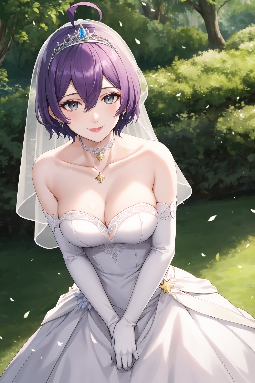 ,grey_eyes,purple-hair,short_hair,warBernie,hair between eyes, ahoge, star \(symbol\), hair ornament, dress, cleavage, bare shoulders, collarbone, long white elbow gloves, white gloves, white dress, white choker, strapless, tiara, veil, strapless dress, wedding dress, bridal veil, beautiful woman, perfect body, perfect breasts, wearing a wedding dress, ball gown,lipstick,makeup ,in the park trees, wedding decorations, a in love smile, realism, masterpiece, textured skin, super detail, high detail, high quality, best quality, 1080p, 16k,