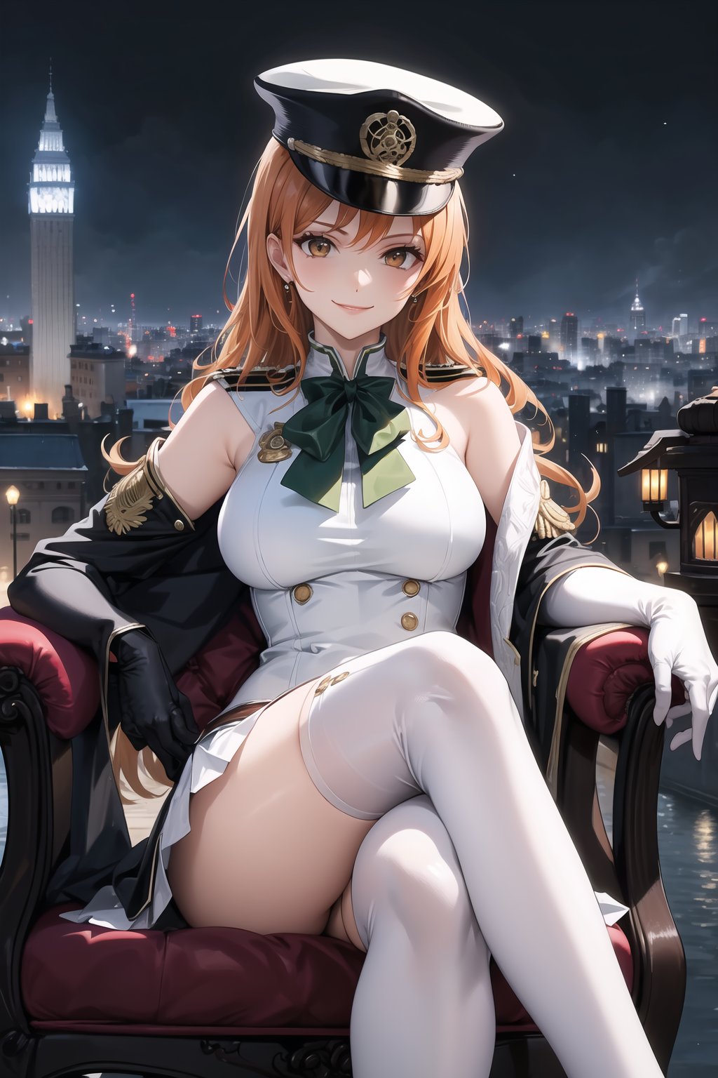 elbow gloves, white skirt, miniskirt, skirt, white_thighhigh_boots,military_uniform,military_hat,white_elbow_gloves,sleeveless ,no_sleeves,shoulder_cape,looking at viewer, city, night, sky, (intricately detailed, hyperdetailed), burning building background,depth of field, best quality, masterpiece, intricate details, tonemapping, sharp focus, hyper detailed, trending on Artstation,1 girl, high res, official art,evil smile,sitting_down,crossed_legs_(sitting),sitting_on_chair, jewelry,orange_hair,brown_eyes,long_hair, nami_(one_piece)