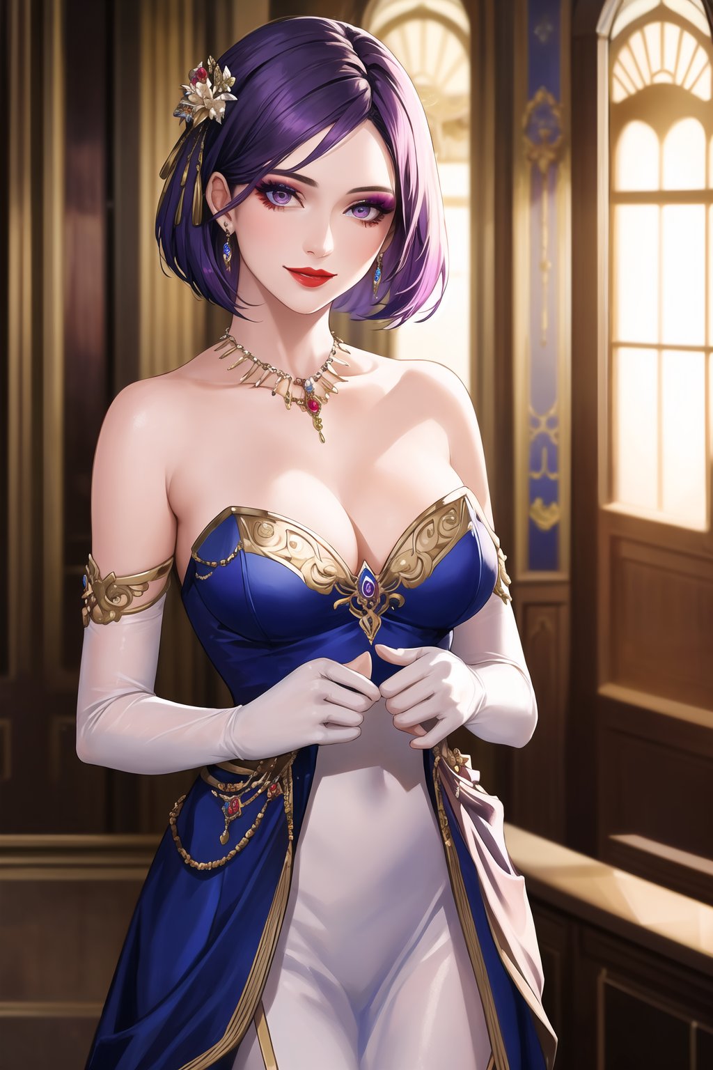 A stunning ballroom setting with a asiática beauty taking center stage. She wears long white satin elbow gloves, a strapless blue dress that flows like silk, and her vibrant purple hair is tied up in a chic hair bow. Her gaze locks onto the viewer, a radiant smile spreading across her face as she showcases her intricate makeup design featuring red lipstick and purple eyeshadow. Delicate jewelry adorns her neck and wrists. In the background, a blurred but elegant ballroom scene unfolds, with tonemapping and sharp focus bringing every detail to life in hyper-realistic clarity. A true masterpiece for Artstation's trending artists, presented in high resolution and official art quality.