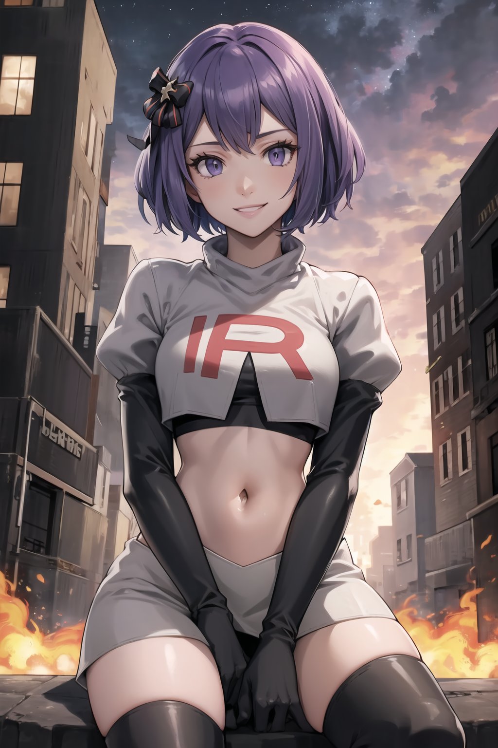 Team Rocket, cropped jacket, white jacket, crop top, jacket, gloves, black gloves, elbow gloves, navel, midriff, white skirt, miniskirt, skirt, black thighhigh boots,looking at viewer, city, night, sky, (intricately detailed, hyperdetailed), burning building background,depth of field, best quality, masterpiece, intricate details, tonemapping, sharp focus, hyper detailed, trending on Artstation,1 girl, high res, official art,evil smile,crossed_legs_(sitting),warBernie,purple_hair, hair bow