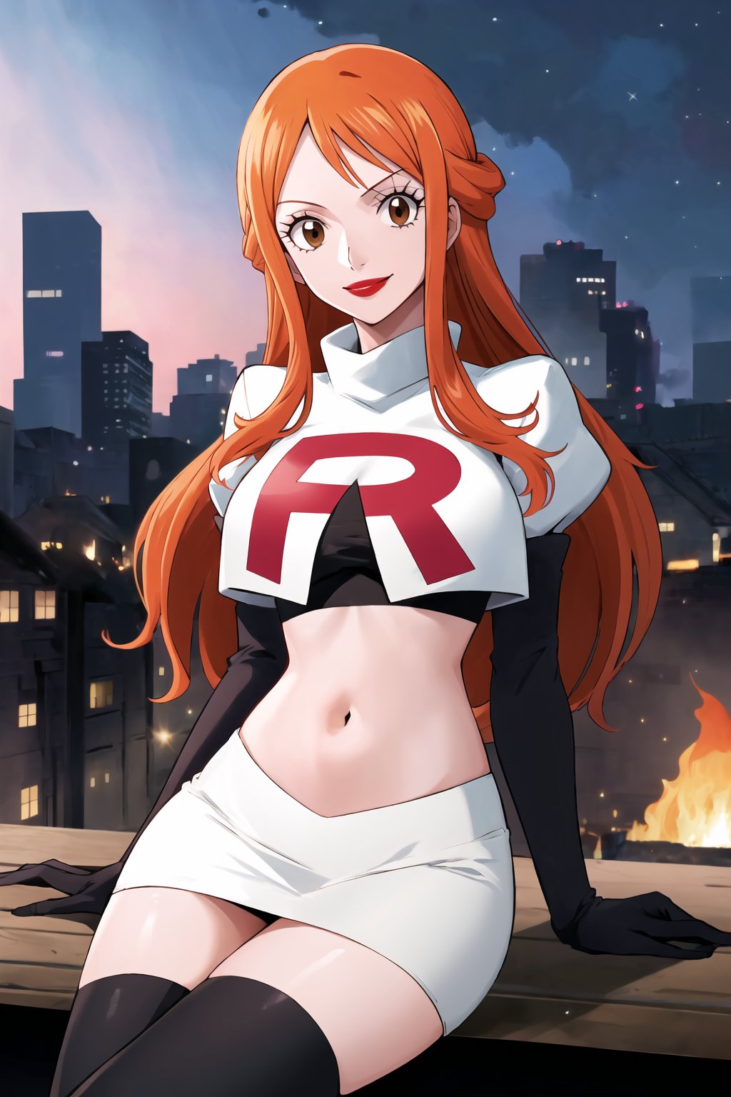 Team Rocket, cropped jacket, white jacket, crop top, jacket, gloves, black gloves, elbow gloves, navel, midriff, white skirt, miniskirt, skirt, black thighhigh boots,military_uniform,looking at viewer, city, night, sky, (intricately detailed, hyperdetailed), burning building background,depth of field, best quality, masterpiece, intricate details, tonemapping, sharp focus, hyper detailed, trending on Artstation,1 girl, high res, official art,evil smile,purple_eyeshadow,pink_lipstick,crossed_legs_(sitting),namipostn,orange_hair,brown_eyes,long_hair, nami_(one_piece)