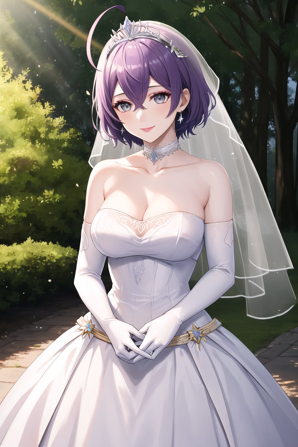 ,grey_eyes,purple-hair,short_hair,warBernie,hair between eyes, ahoge, star \(symbol\), hair ornament, dress, cleavage, bare shoulders, collarbone, long white elbow gloves, white gloves, white dress, white choker, strapless, tiara, veil, strapless dress, wedding dress, bridal veil, beautiful woman, perfect body, perfect breasts, wearing a wedding dress, ball gown,lipstick,makeup ,in the park trees, wedding decorations, a in love smile, realism, masterpiece, textured skin, super detail, high detail, high quality, best quality, 1080p, 16k,