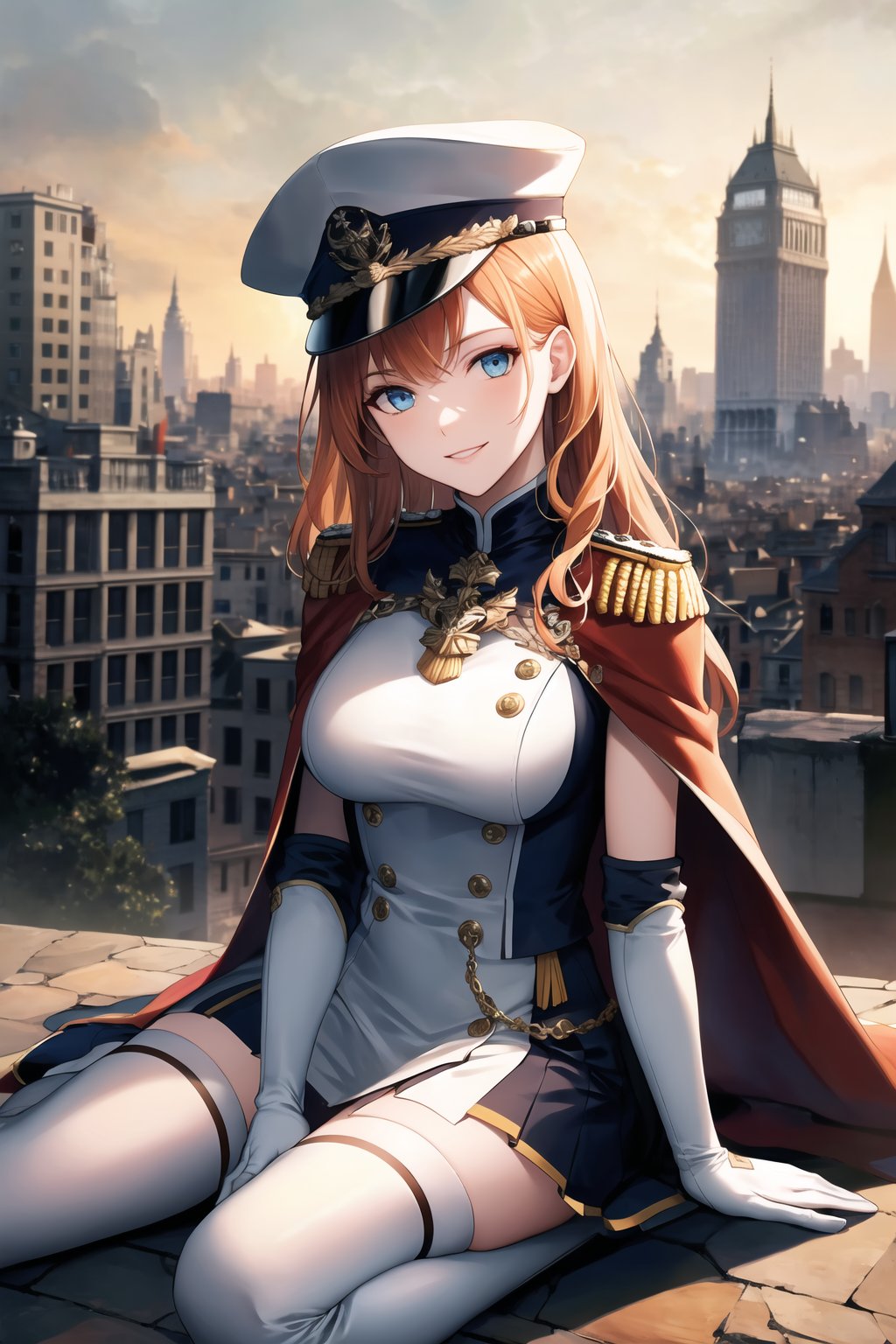 elbow gloves, white skirt, miniskirt, skirt, white_thighhigh_boots,military_uniform,military_hat,white_elbow_gloves,sleeveless ,no_sleeves,shoulder_cape,looking at viewer, city, night, sky, (intricately detailed, hyperdetailed), burning building background,depth of field, best quality, masterpiece, intricate details, tonemapping, sharp focus, hyper detailed, trending on Artstation,1 girl, high res, official art,evil smile,sitting_down,crossed_legs_(sitting),sitting_on,light_blue_eyes,warAnne, long hair, wavy hair,orange_hair