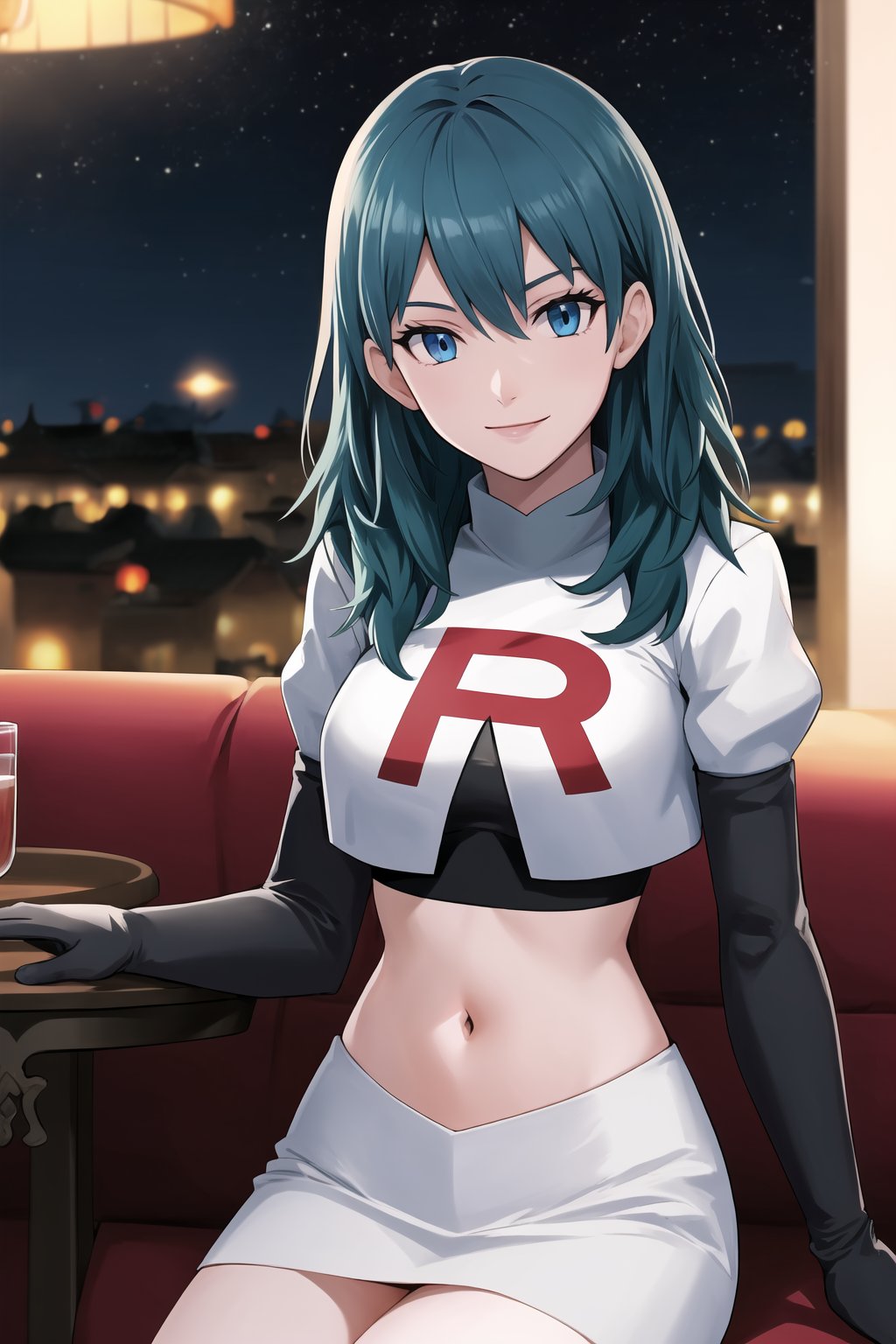 Team Rocket, cropped jacket, white jacket, crop top, jacket, gloves, black gloves, elbow gloves, navel, midriff, white skirt, miniskirt, skirt, black thighhigh boots,military_uniform,looking down at viewer, china, asiática, city, night, sky, (intricately detailed, hyperdetailed), blurry background,depth of field, best quality, masterpiece, intricate details, tonemapping, sharp focus, hyper detailed, trending on Artstation,1 girl, high res, official art,evil smile,crossed_legs_(sitting),byleth, blue eyes, blue hair,FEMBYLETH