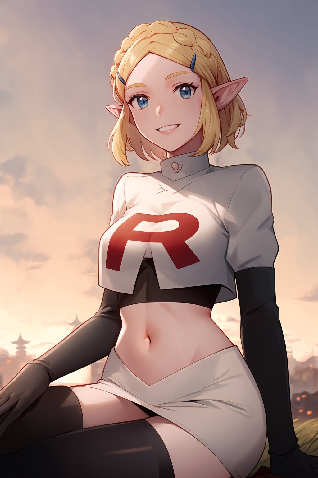 Team Rocket, cropped jacket, white jacket, crop top, jacket, gloves, black gloves, elbow gloves, navel, midriff, white skirt, miniskirt, skirt, black thighhighs,military_uniform,looking down at viewer, china, asiática, city, night, sky, (intricately detailed, hyperdetailed), blurry background,depth of field, best quality, masterpiece, intricate details, tonemapping, sharp focus, hyper detailed, trending on Artstation,1 girl, high res, official art,evil smile,crossed_legs_(sitting),aazelda, short hair, crown braid, hairclip, pointy ears