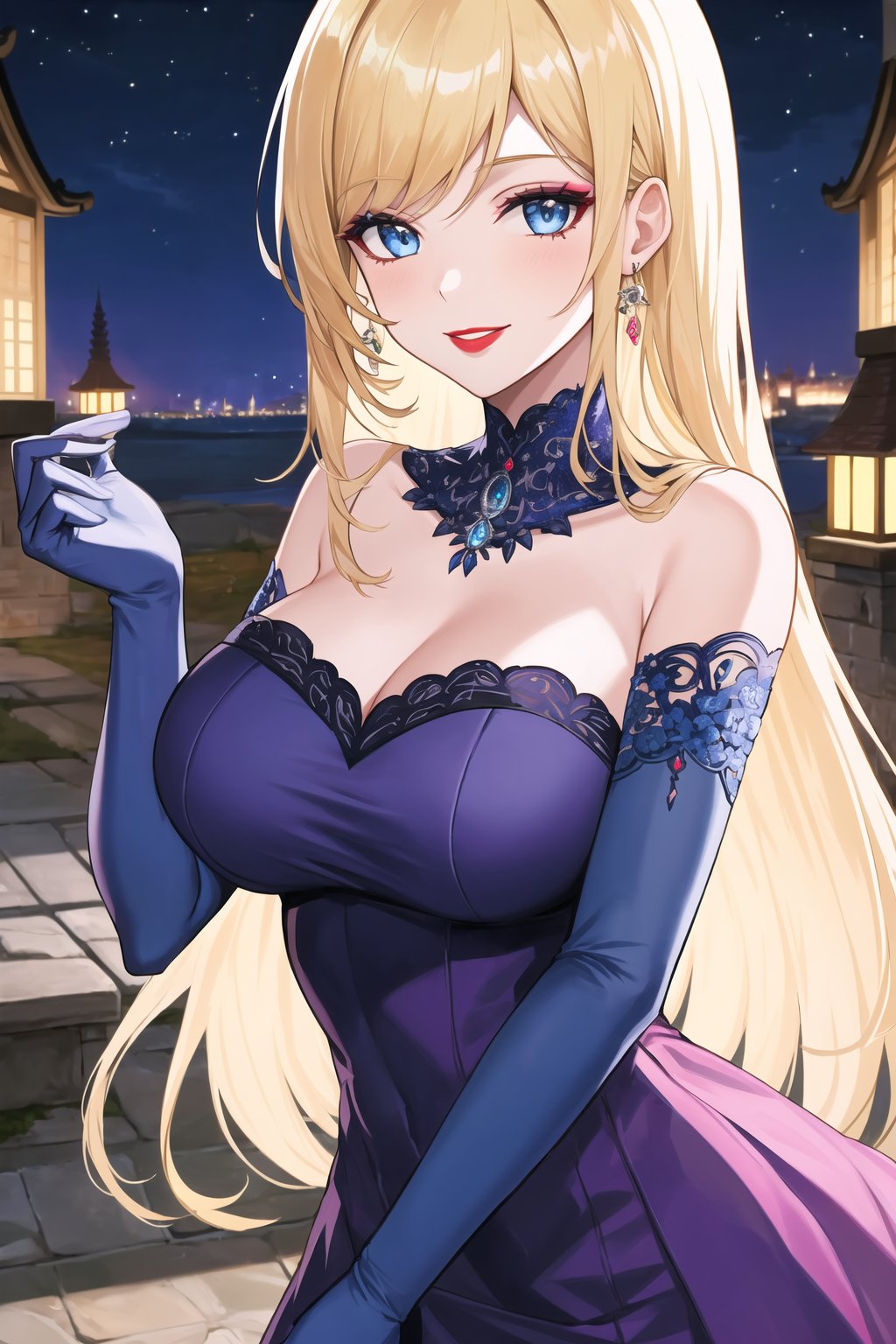 elbow gloves,white_gloves ,blue_dress,long_dress,strapless_dress,long white satin elbow gloves,looking at viewer,  asiática, night, sky, (intricately detailed, hyperdetailed), castle background,depth of field, best quality, masterpiece, intricate details, tonemapping, sharp focus, hyper detailed, trending on Artstation,1 girl, high res, official art,smile, jewelry, long hair, blonde hair, makeup,light_blue_eyes,samus aran,hair_down,red_lipstick,purple_eyeshadow