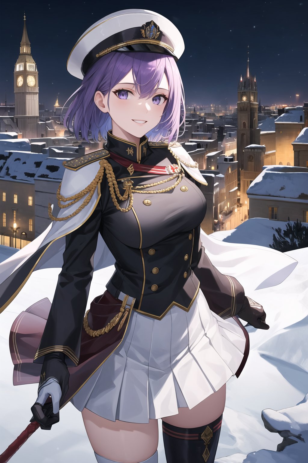 elbow gloves, white skirt, miniskirt, skirt, black thighhigh boots,white_gloves,white_military_uniform,white_military_hat,long white elbow gloves,sleeveless ,no_sleeves,shoulder_cape,looking at viewer, city, night, sky, (intricately detailed, hyperdetailed), frozen building background,depth of field, best quality, masterpiece, intricate details, tonemapping, sharp focus, hyper detailed, trending on Artstation,1 girl, high res, official art,evil smile,grey_eyes,purple-hair,short_hair,warBernie