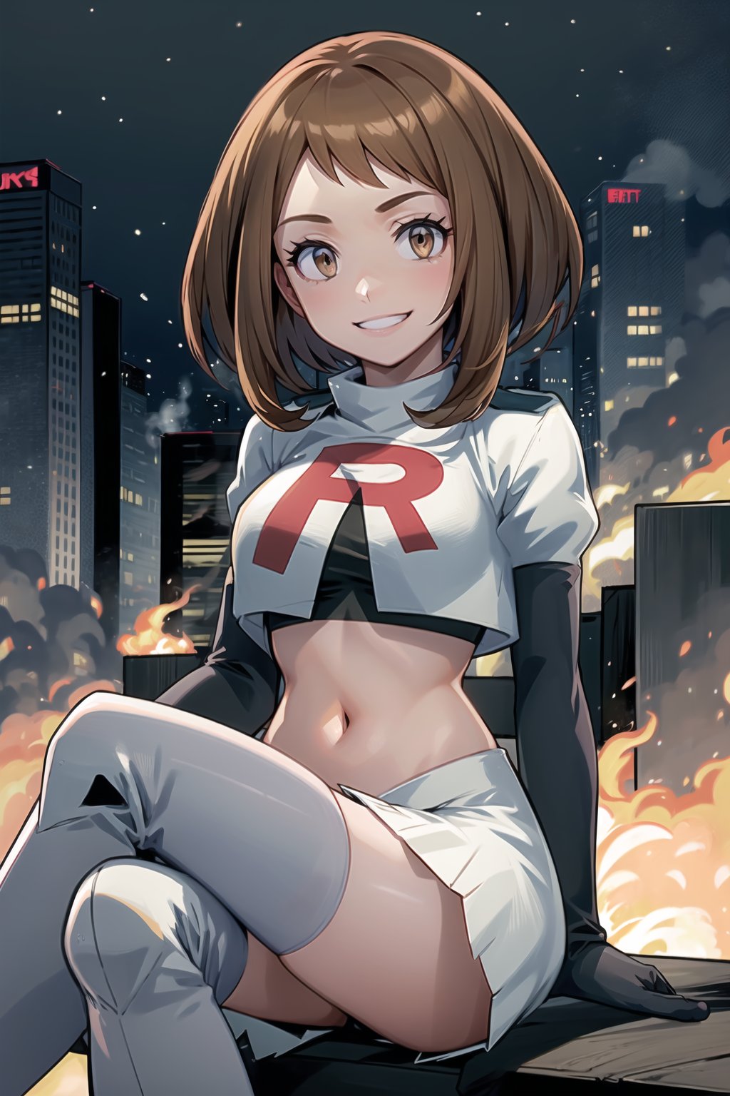 Team Rocket, cropped jacket, white jacket, crop top, jacket, gloves, black gloves, elbow gloves, navel, midriff, white skirt, miniskirt, skirt, black thighhigh boots,military_uniform,looking at viewer, city, night, sky, (intricately detailed, hyperdetailed), burning building background,depth of field, best quality, masterpiece, intricate details, tonemapping, sharp focus, hyper detailed, trending on Artstation,1 girl, high res, official art,evil smile,crossed_legs_(sitting),hmochako, short hair,brown_hair,brown_eyes