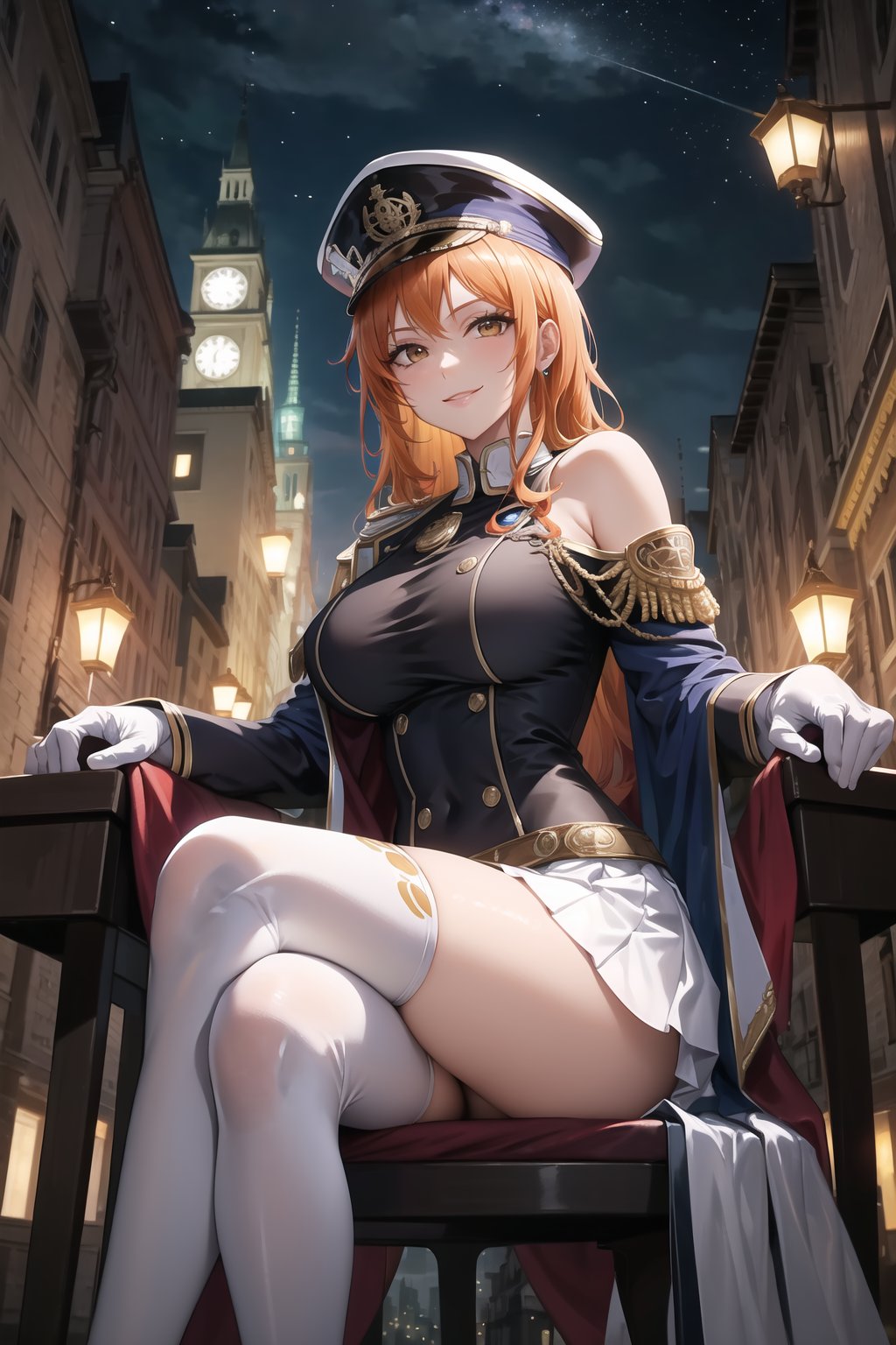 elbow gloves, white skirt, miniskirt, skirt, white_thighhigh_boots,military_uniform,military_hat,white_elbow_gloves,sleeveless ,no_sleeves,shoulder_cape,looking at viewer, city, night, sky, (intricately detailed, hyperdetailed), burning building background,depth of field, best quality, masterpiece, intricate details, tonemapping, sharp focus, hyper detailed, trending on Artstation,1 girl, high res, official art,evil smile,sitting_down,crossed_legs_(sitting),sitting_on_chair, jewelry,orange_hair,brown_eyes,long_hair, nami_(one_piece)