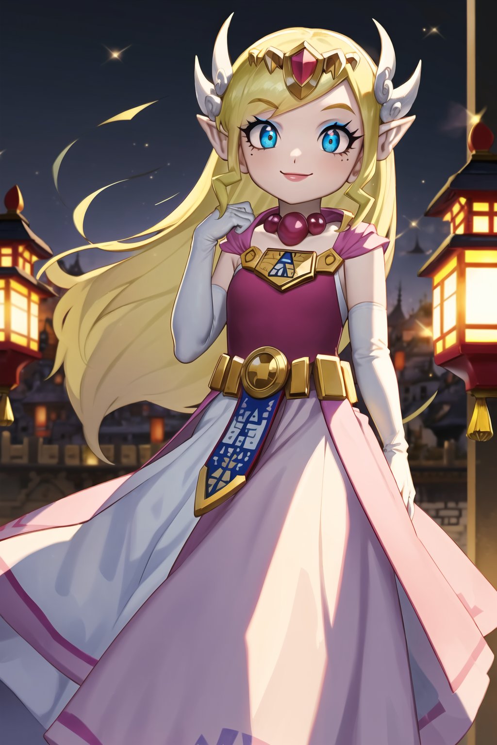 elbow gloves,white_gloves ,dress,long_dress,long white elbow gloves,looking at viewer, china, asiática, night, sky, (intricately detailed, hyperdetailed), castle background,depth of field, best quality, masterpiece, intricate details, tonemapping, sharp focus, hyper detailed, trending on Artstation,1 girl, high res, official art,smile, jewelry,toon zelda, long hair, blonde hair, pointy ears, makeup,light_blue_eyes