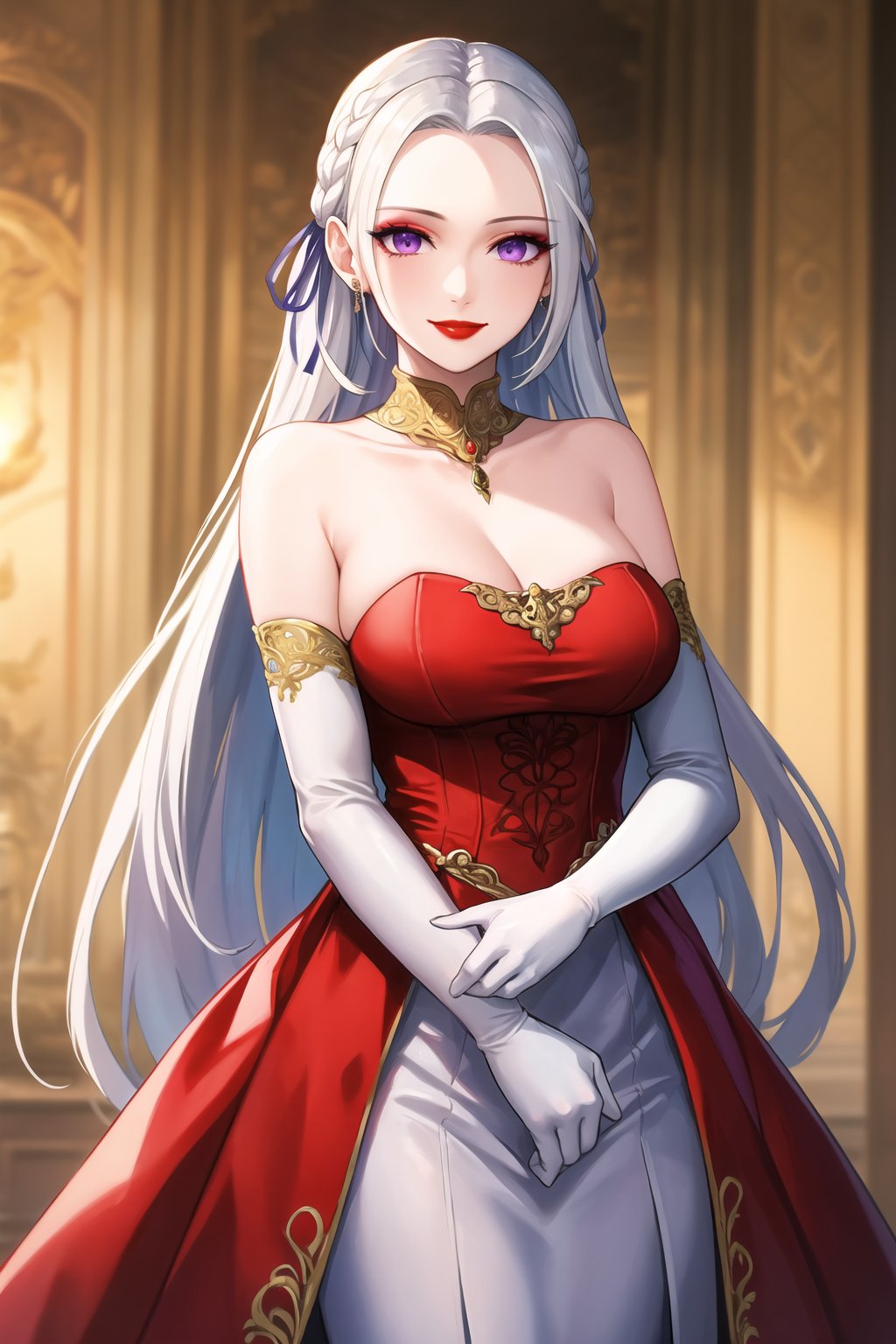 elbow gloves,white_gloves ,blue_dress,long_dress,strapless_dress,long white satin elbow gloves,looking at viewer,  asiática, (intricately detailed, hyperdetailed), ballroom background,depth of field, best quality, masterpiece, intricate details, tonemapping, sharp focus, hyper detailed, trending on Artstation,1 girl, high res, official art,smile, jewelry, makeup,red_lipstick,purple_eyeshadow, edelgard_academy, purple eyes, hair ribbon