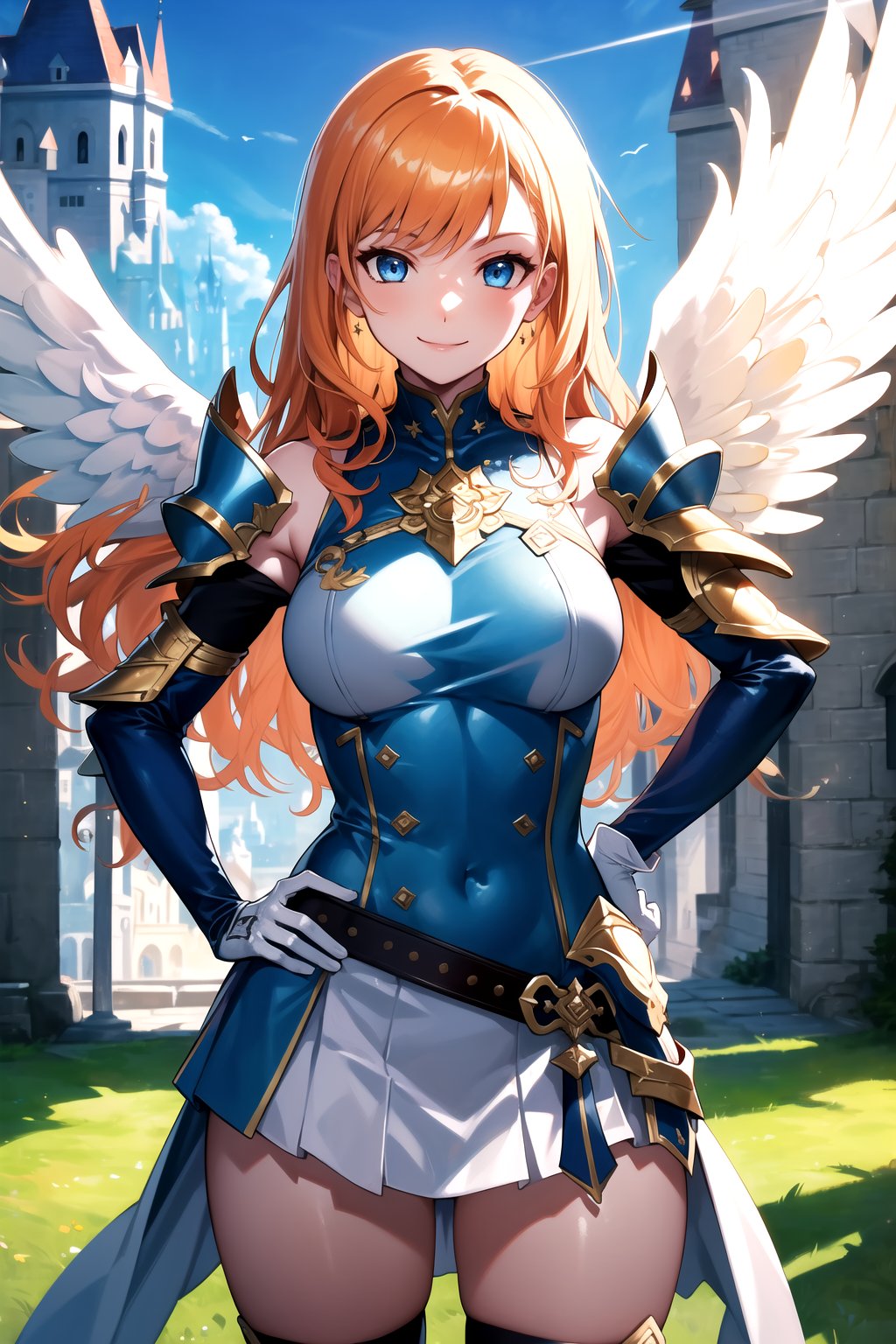 golden_armour,angel_wings,flying,holding_sword,shoulder_armour,Valkyare_armour,heroine,elbow gloves, white skirt, white_gloves,miniskirt, skirt,long white elbow gloves,sleeveless ,no_sleeves,looking at viewer, day sky, (intricately detailed, hyperdetailed), castle building background,depth of field, best quality, masterpiece, intricate details, tonemapping, sharp focus, hyper detailed, trending on Artstation,1 girl, high res, official art, smile,hands_on_hips,light_blue_eyes,warAnne, long hair, wavy hair,orange_hair