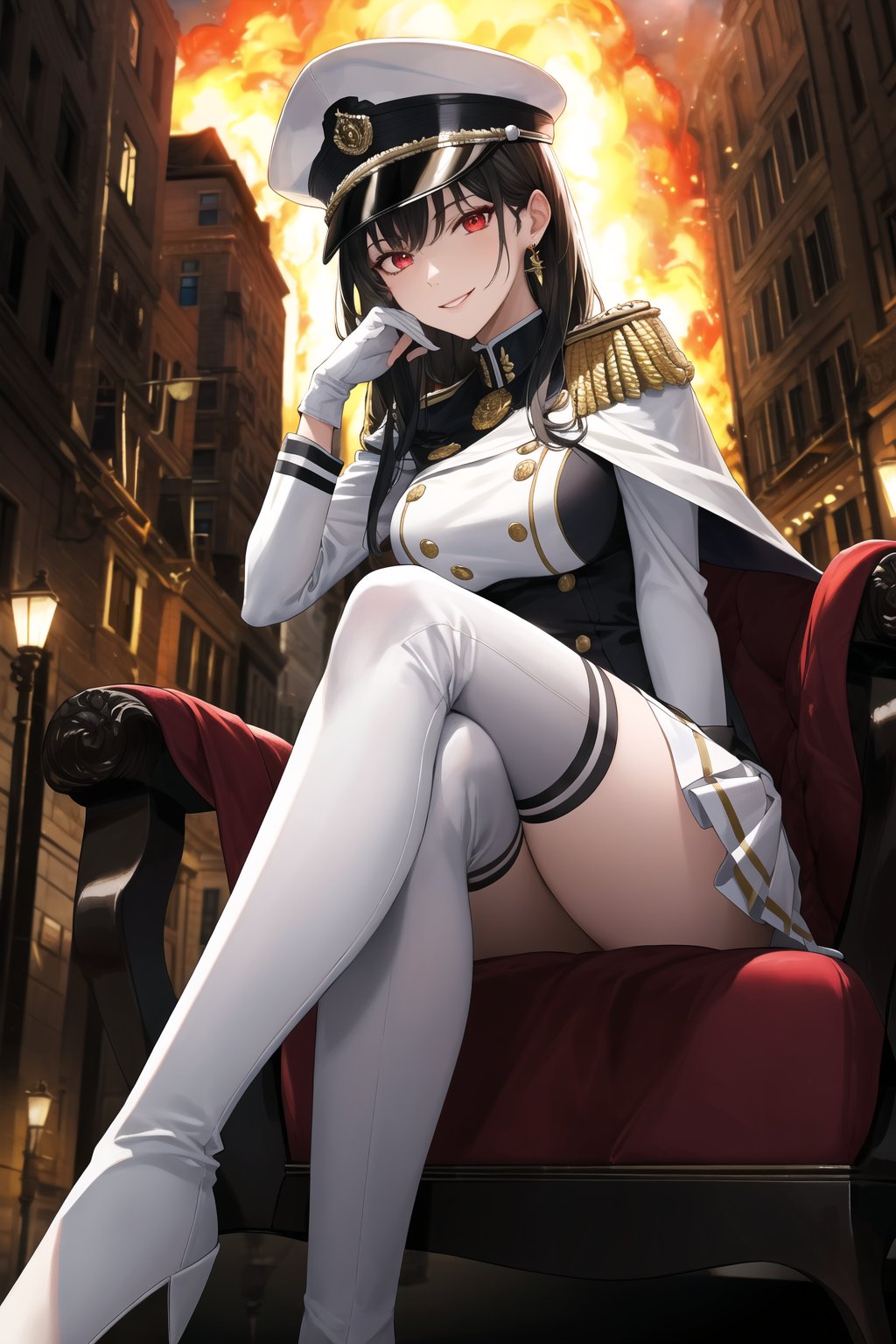 elbow gloves, white skirt, miniskirt, skirt, white_thighhigh_boots,military_uniform,military_hat,white_elbow_gloves,sleeveless ,no_sleeves,shoulder_cape,looking at viewer, city, night, sky, (intricately detailed, hyperdetailed), burning building background,depth of field, best quality, masterpiece, intricate details, tonemapping, sharp focus, hyper detailed, trending on Artstation,1 girl, high res, official art,evil smile,sitting_down,crossed_legs_(sitting),sitting_on_chair, jewelry,bbyorf, short hair with long locks, red eyes, gold earrings